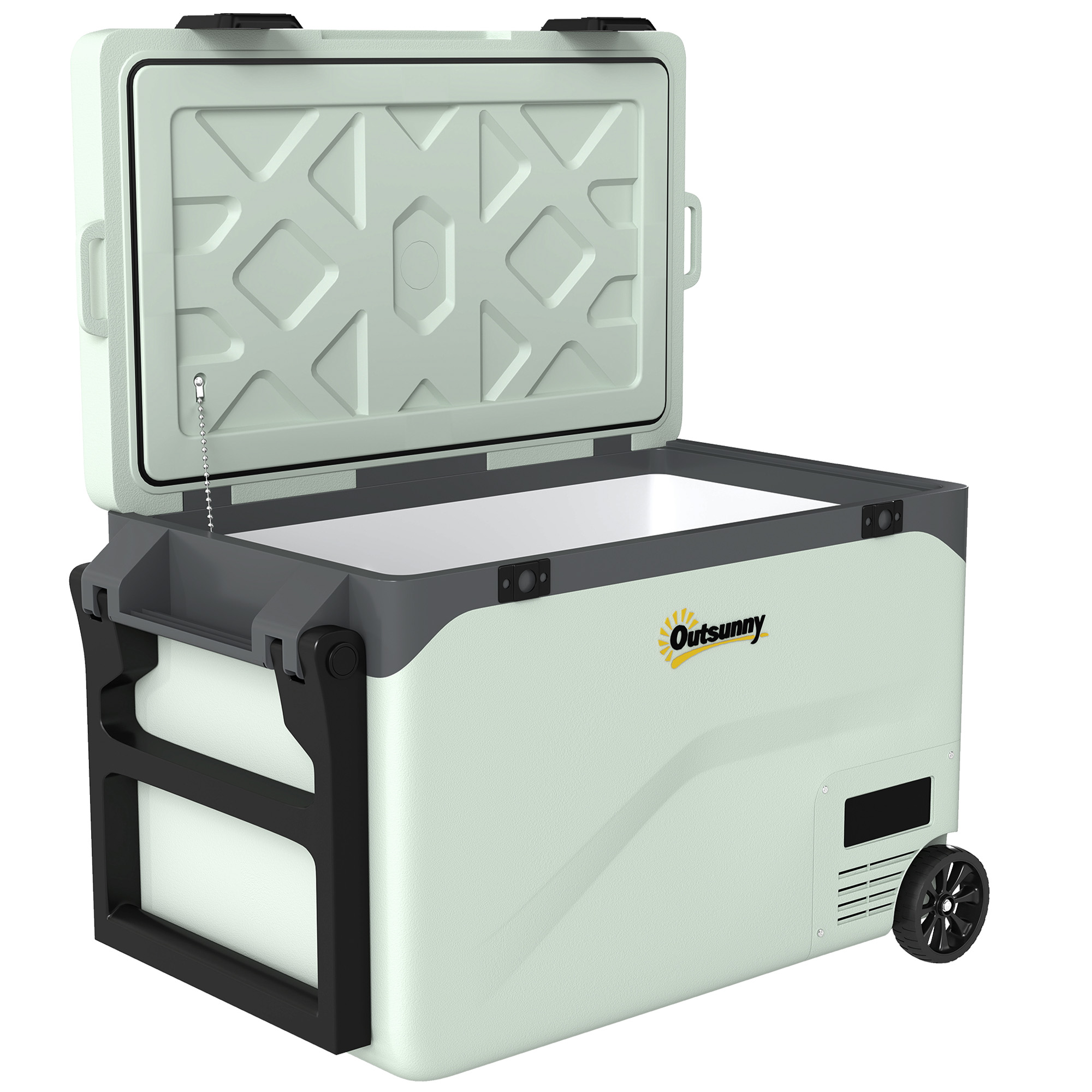 Outsunny 42,5 L Kompressor Kühlbox Leise elektrisch Mini Kühlschrank bis -20℃ Kühlbox mit Bluetooth LED Rolle Kühlfunktion Griff Handyhalter Stoßfest Gefrierbox 12/230 Volt für Auto LKW Reisen Grün Aosom