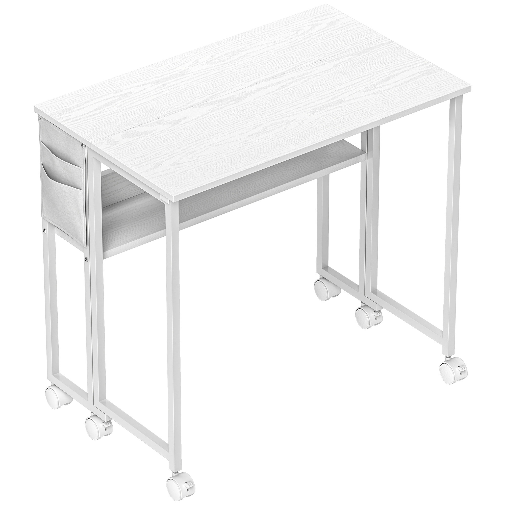 HOMCOM Schreibtisch Klappbar Kleiner 80 cm Klappschreibtisch mit Rollen Platzsparend Computertisch mit Regal, Aufbewahrungstasche, für Home Office, Weiß   Aosom