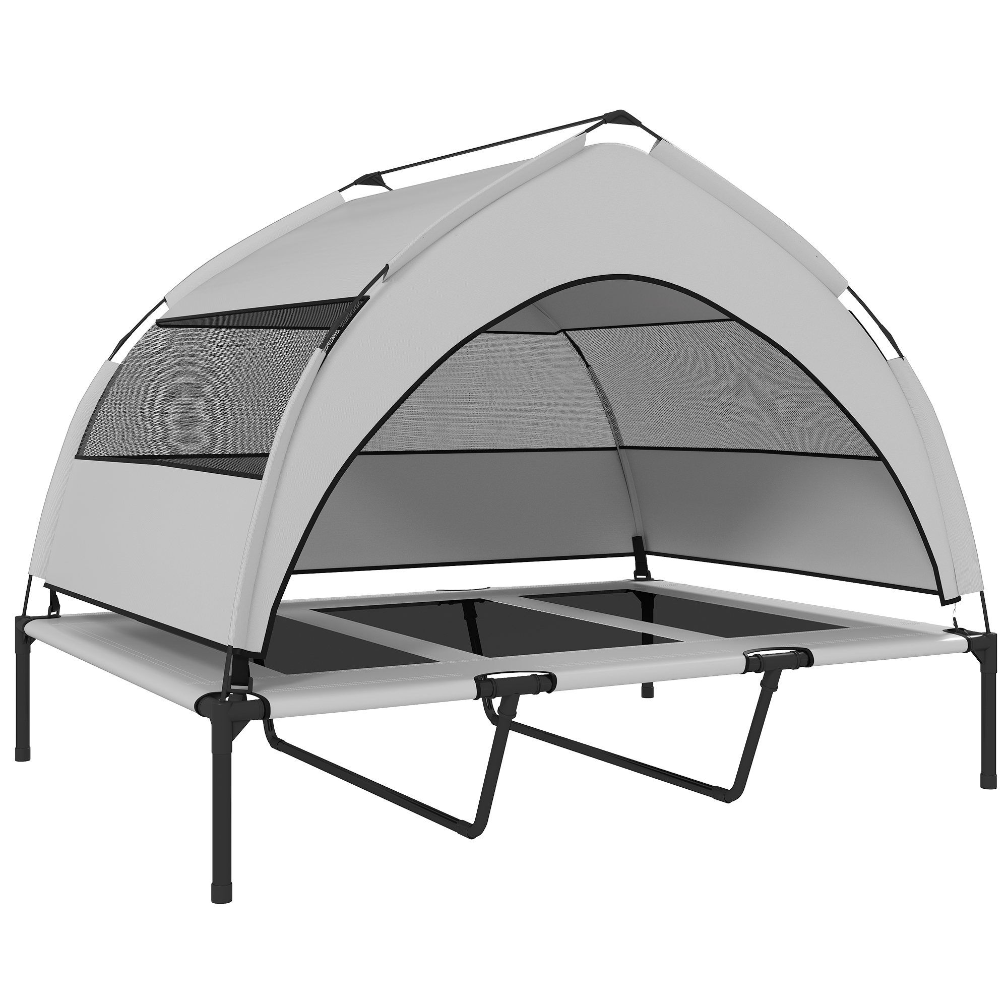 PawHut Hundeliege Outdoor mit Dach, Erhöhtes Hundebett für extra große Hunde, Kühlendes Haustierliege mit Stahlrahmen, Aufbewahrungstasche, Haustierbett für Draußen Camping, 122x92x94cm, Hellgrau Aosom