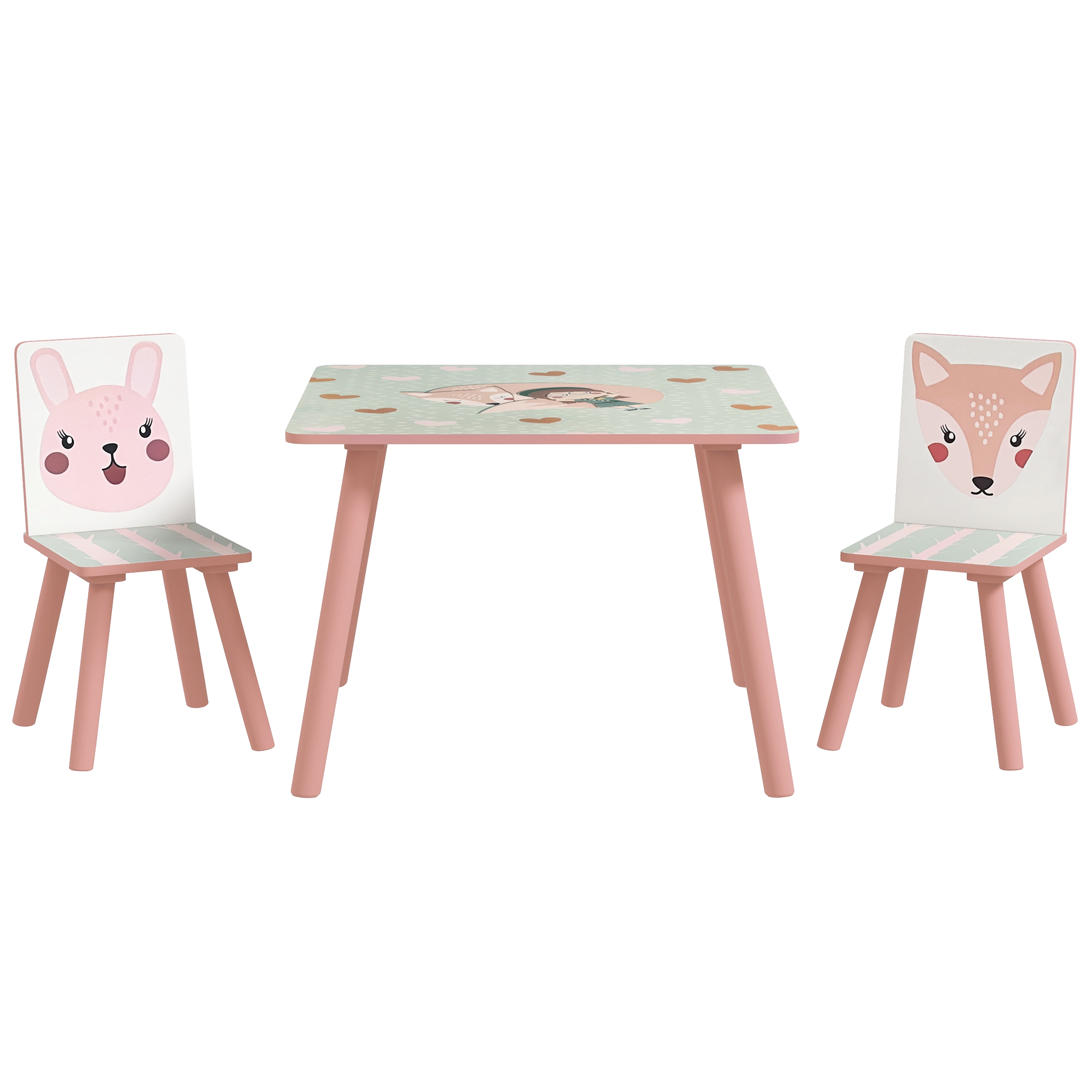 ZONEKIZ Kindertisch mit 2 Stühlen 3-teilig Kindersitzgruppe mit Tiermotiv, Kinder Tisch Stuhl Set Kindermöbel Sitzgruppe für Kinderzimmer, für 3-8 Jahren Kinder, Rosa Aosom