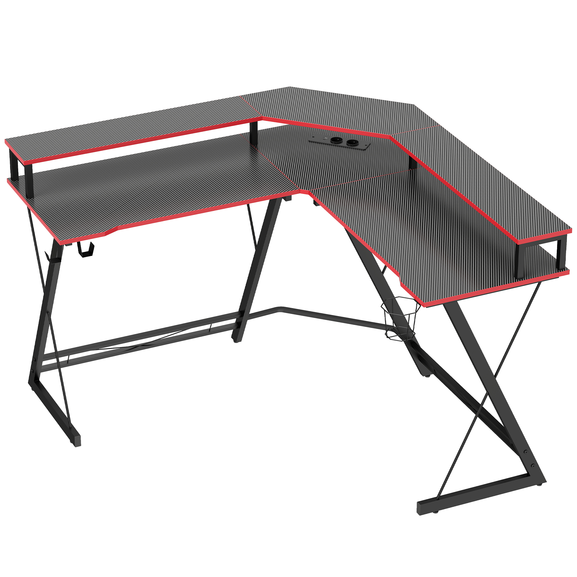 HOMCOM Gaming Tisch L Form mit Steckdosen, USB-Anschlüssen Computertisch 128x128 cm Eckschreibtisch mit Monitorständer, Kopfhörerhalter, Carbon-Optik und Getränkehalter, für Home Office, Schwarz   Aosom