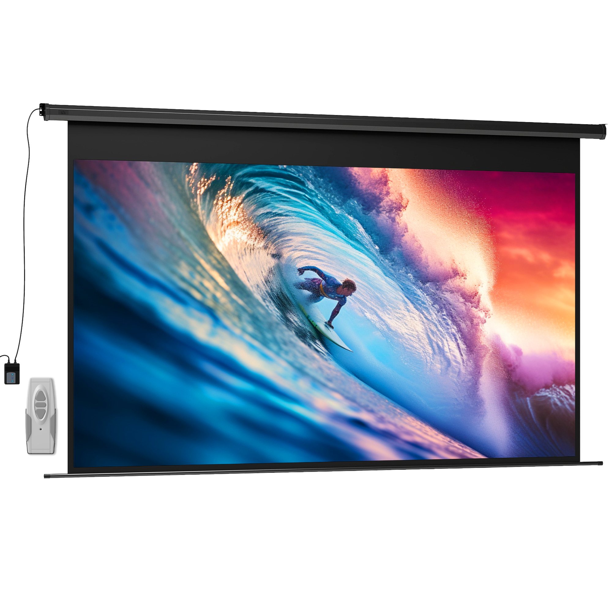 HOMCOM Beamer-Leinwand Elektrisch 266 x 149 cm 16:9 Projektionsleinwand mit Fernbedienung, Filmleinwand für Heimkino, Präsentation, Metall, Schwarz Aosom