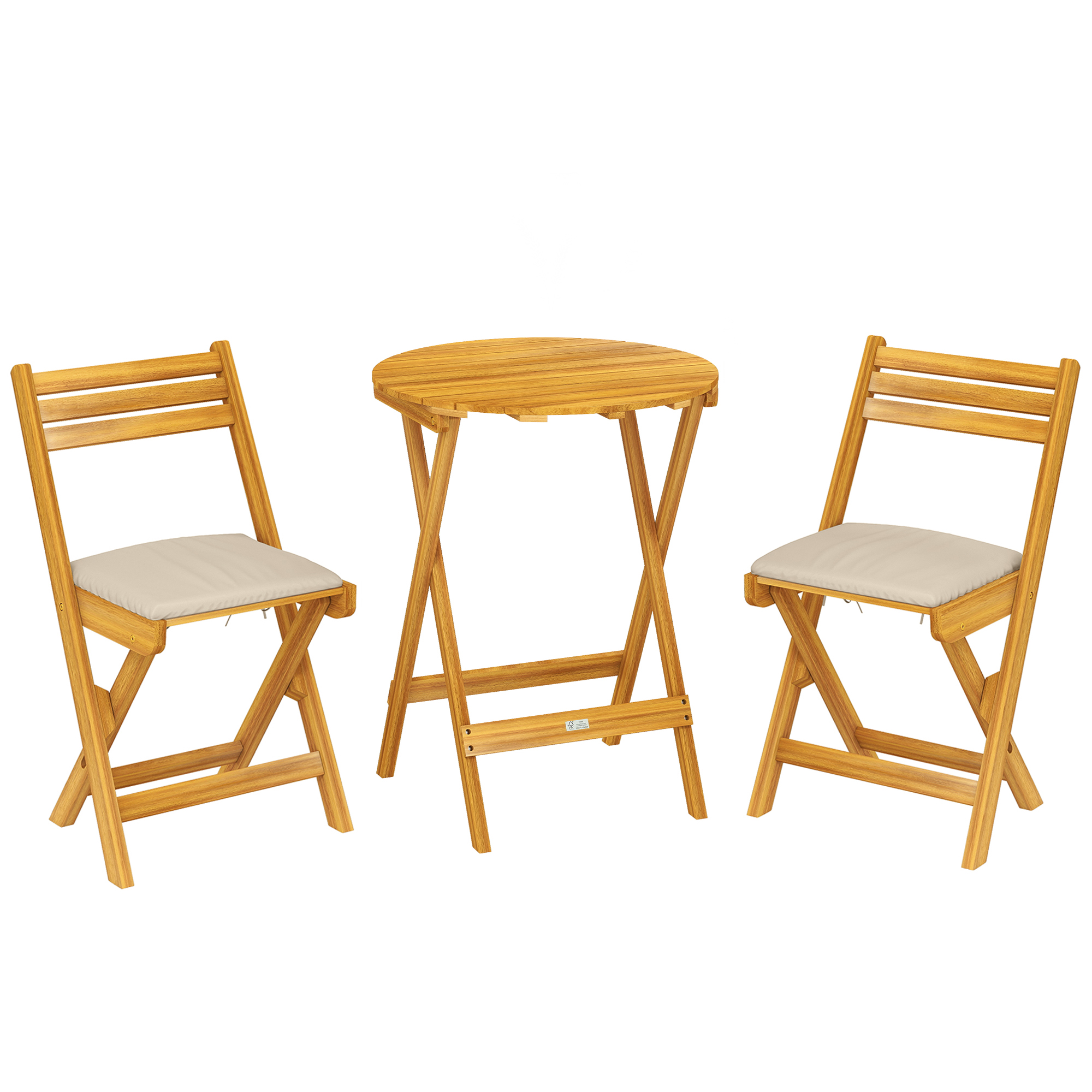 Outsunny Balkonmöbel Set 3 teilig FSC Holz klappbar Gartenmöbel Set mit runder Tisch 2 Stühle Sitzkissen Atmungsaktiv Lamellsitz, Balcony Furniture Sitzgruppe für Garten Balkon Naturholz Aosom