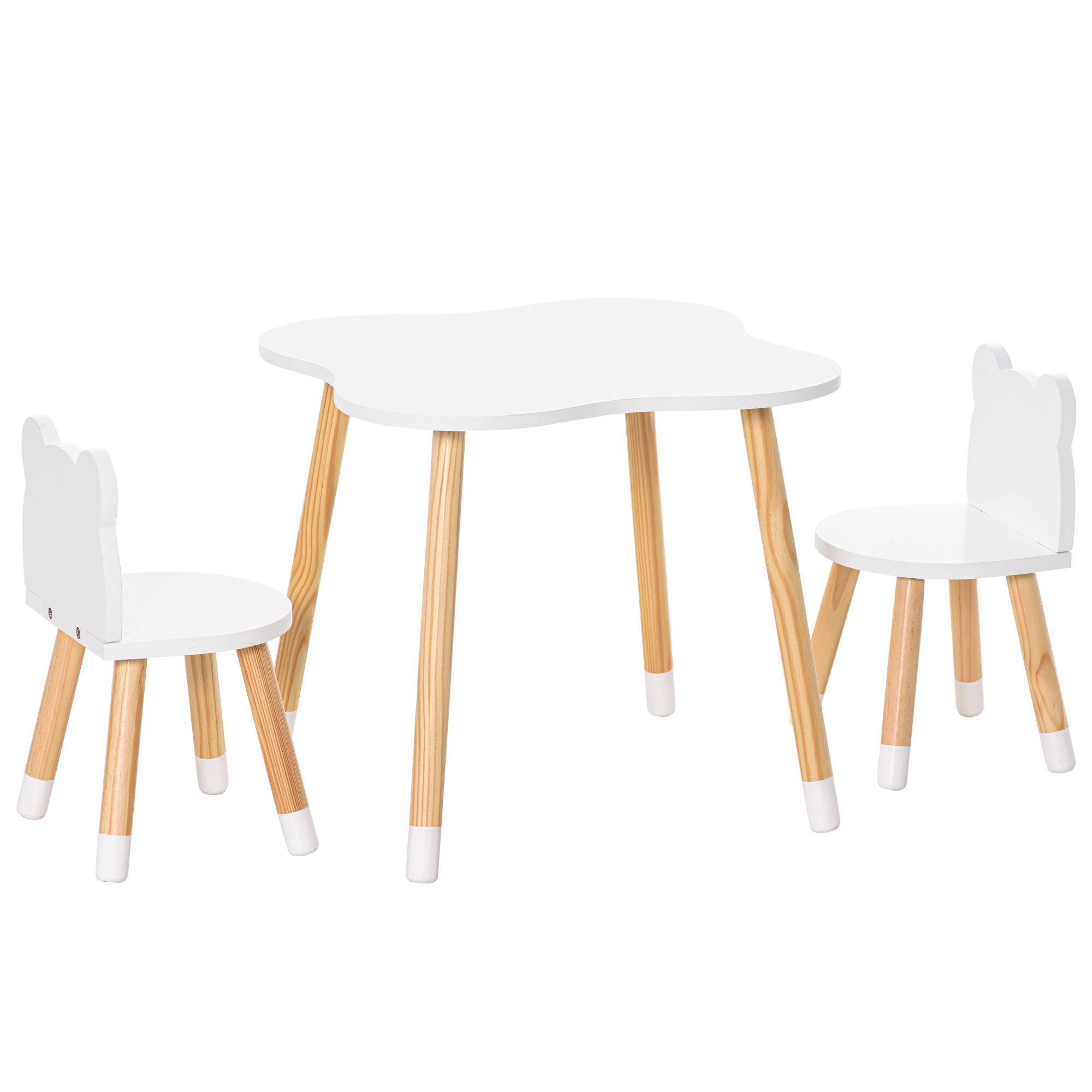 HOMCOM 3-teiliges Kindertisch-Set bogenförmig mit Tisch und 2 Stühlen aus MDF und Kiefernholz in Weiß und Naturholz 56x56x50 cm für Kinderzimmer   Aosom.de