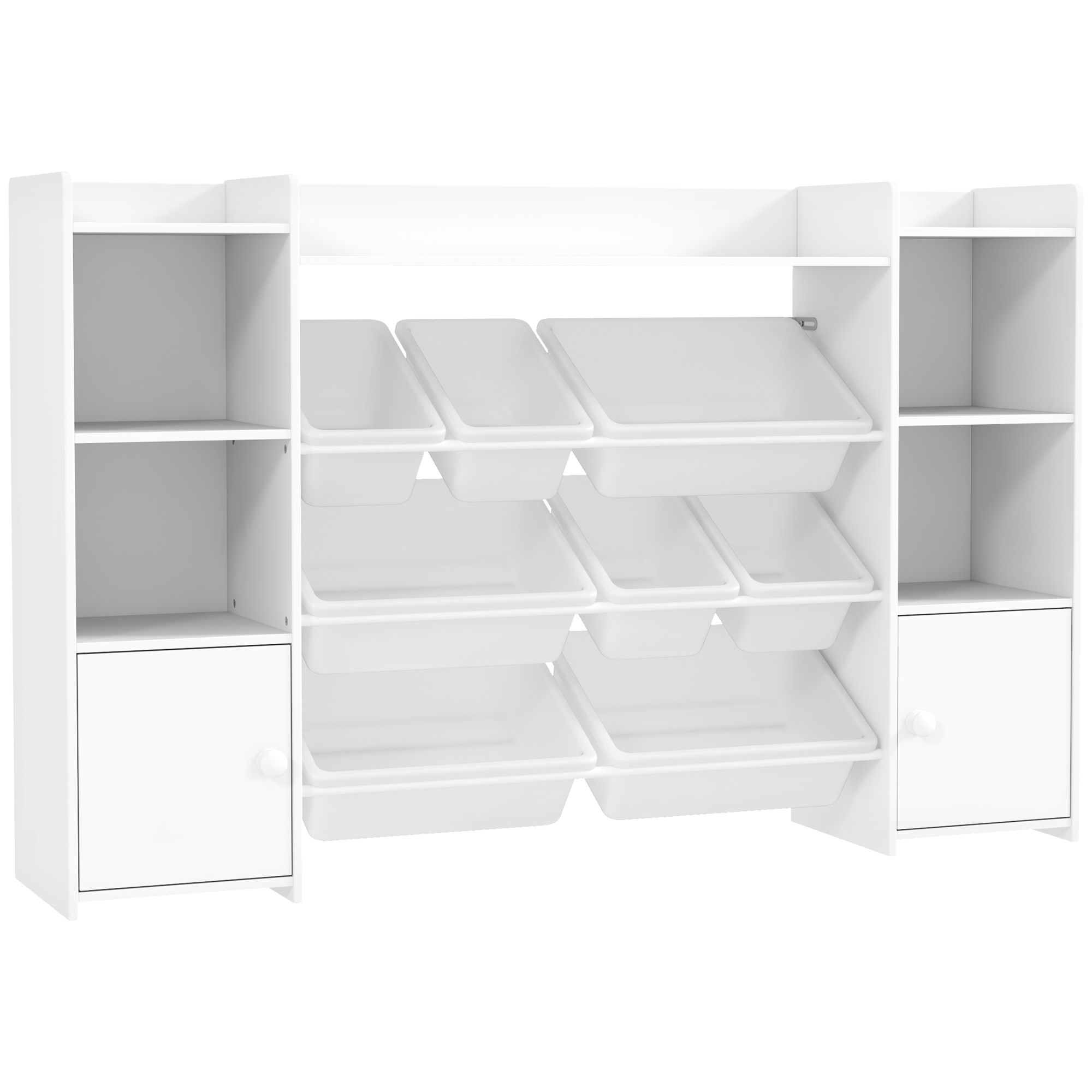 AIYAPLAY Kinderregal Spielzeugregal mit 8 herausnehmbaren Boxen, 4 offenen Fächern, 2 Schränkfach, Kinder Bücherregal für Kinderzimmer, Kindergarten, 140 x 30 x 90 cm, Weiß Aosom