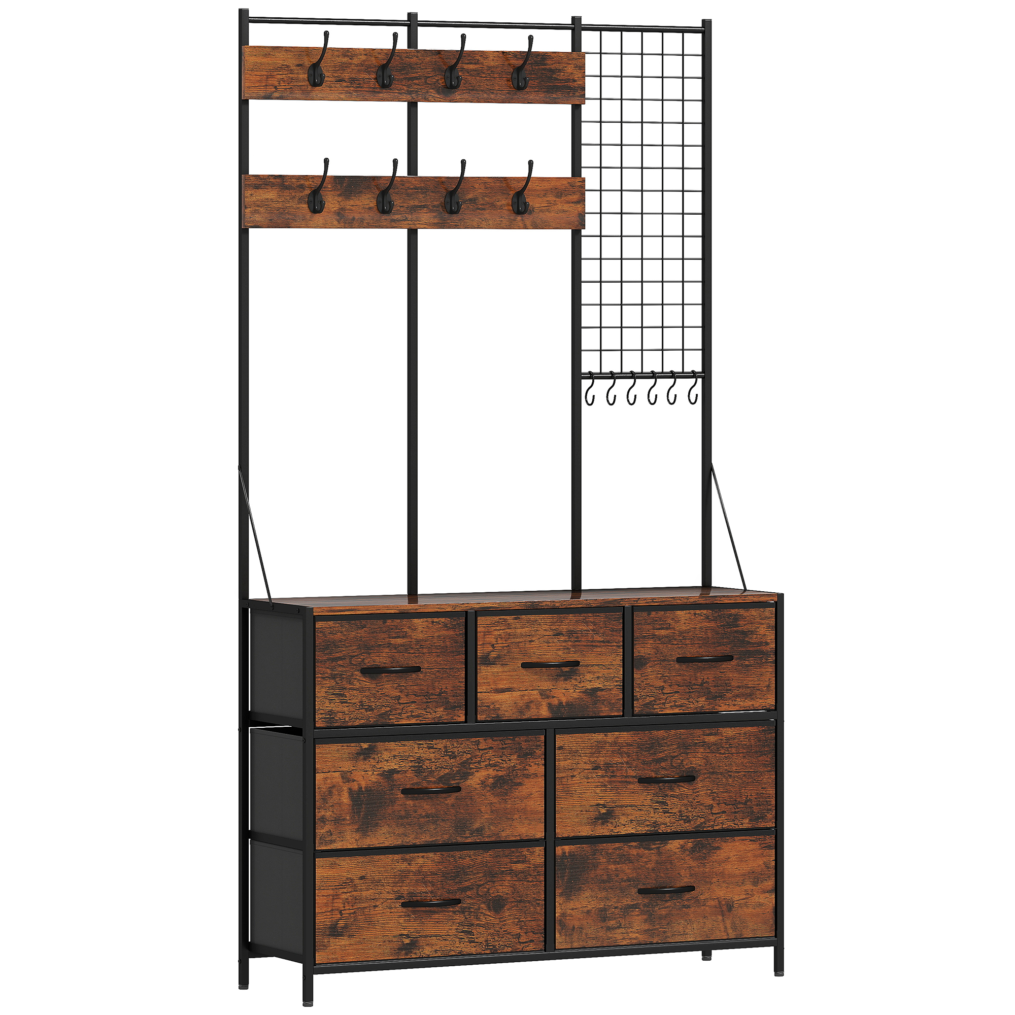 HOMCOM Garderobenständer, Kleiderständer mit Kommode, 14 Haken, Garderobe mit 7 Stoff-Schubladen, Industrie-Design für Flur, Schlafzimmer, Rustikal-Braun, Höhe 183 cm Aosom