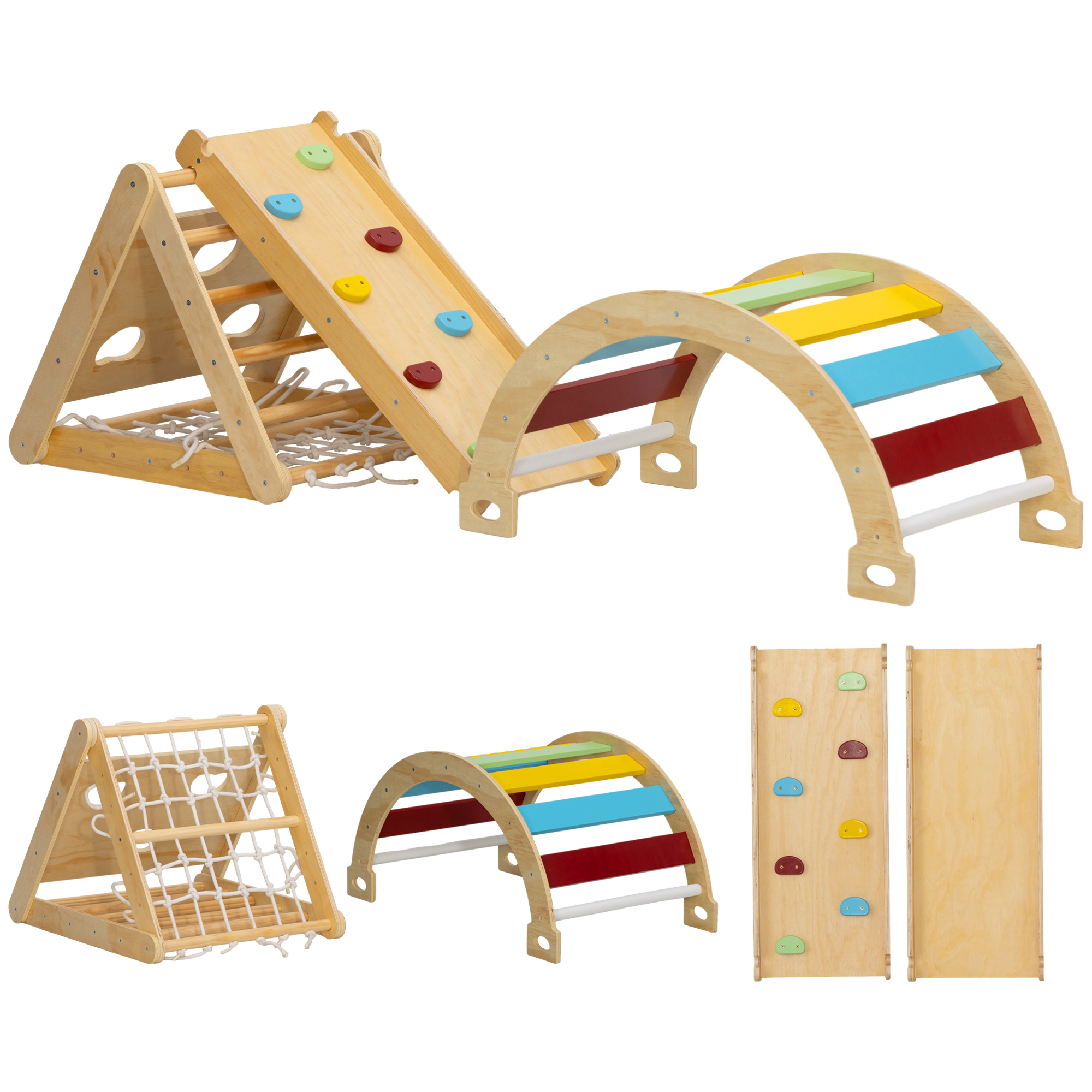 AIYAPLAY 7-in-1 Montessori Klettergerüst Indoor Holz Kletterdreieck mit Kletterbogen, Rutsche, Indoor Spielplatz mit Rampe, Kletternetz, Kletterstein, für Kinder von 1,5-4 Jahre, Mehrfarbig Aosom