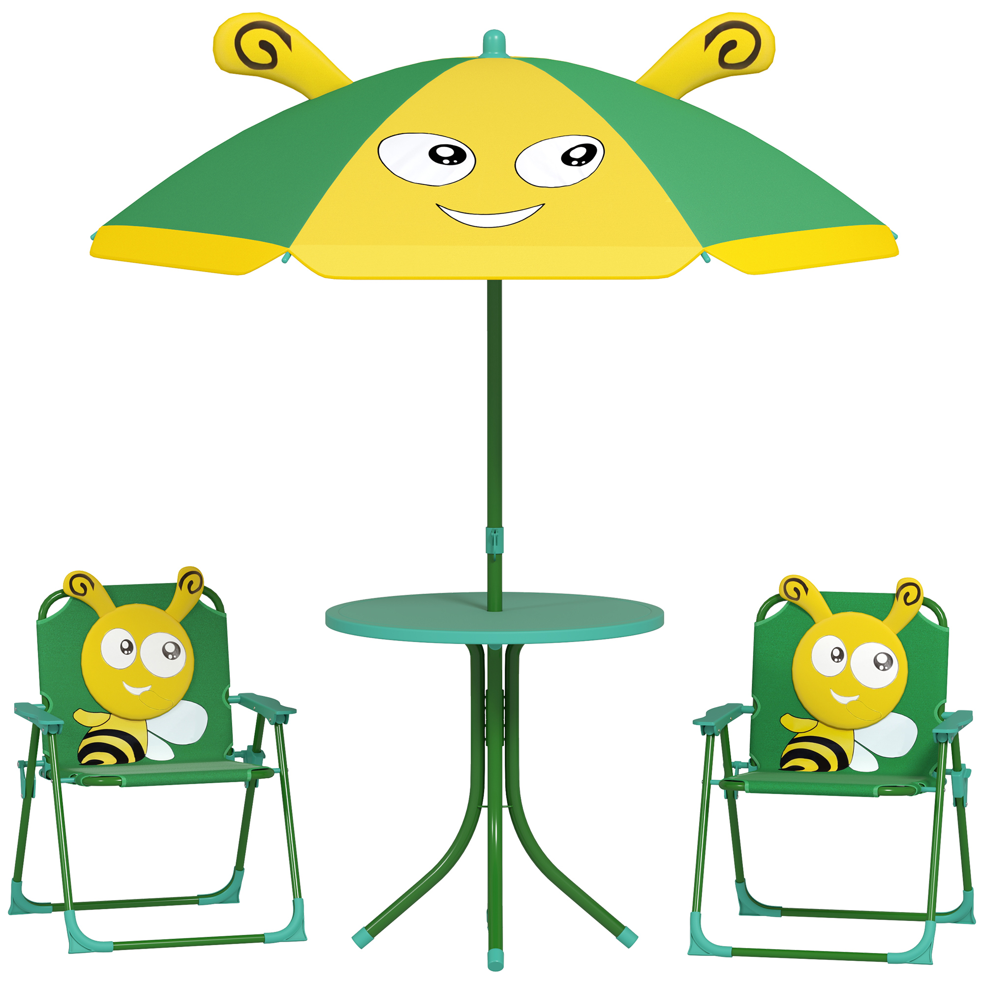 AIYAPLAY 4er Set Kindersitzgruppe Garten Kindersitzgarnitur mit 2 Klappstühle, höhenverstellbarem Sonnenschirm, Gartentisch, Bienen-Muster für 2-5 Jahre Kinder, Grün Aosom