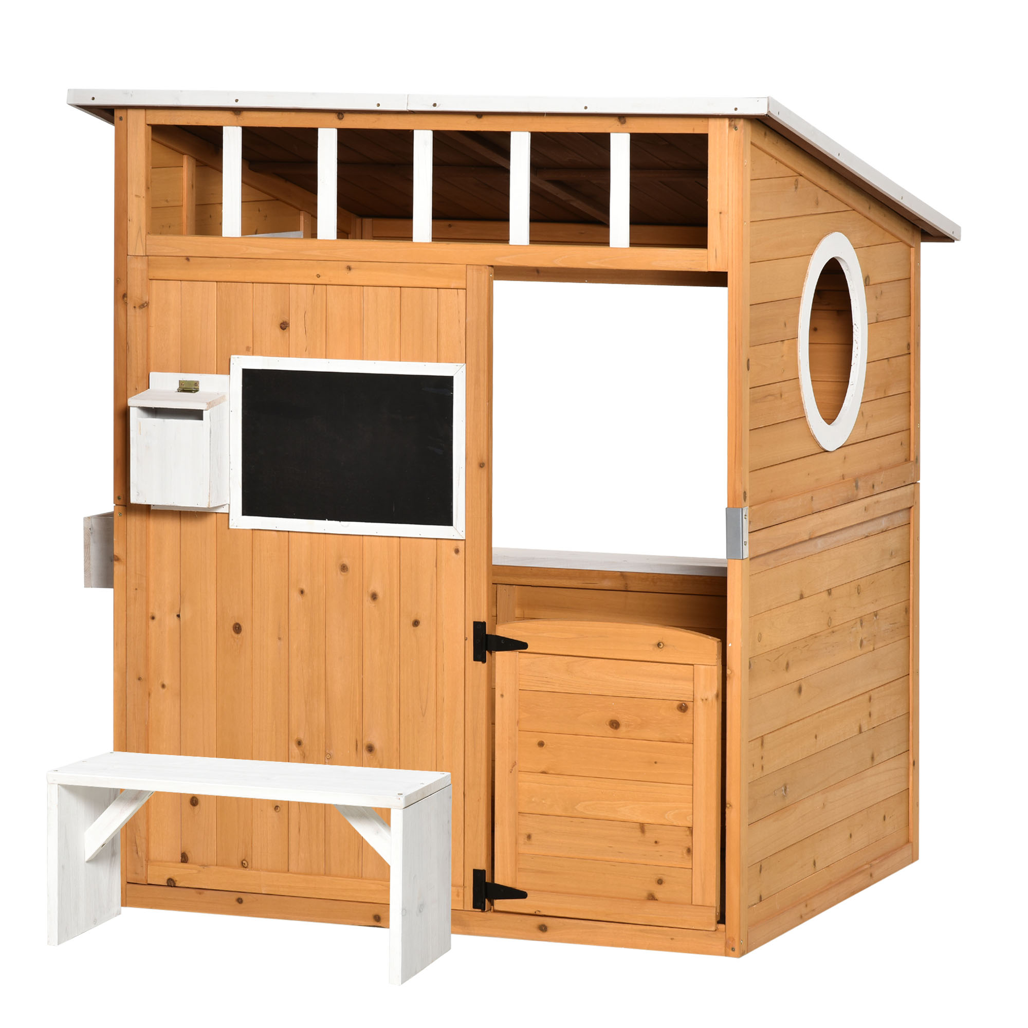 Outsunny Spielhaus für Kinder Holz Kinderspielhaus mit Fenster Briefkasten Outdoor Gartenspielhaus mit Blumentopfrack Holzspielhaus für 3-8 Jahre Tannenholz Natur 122 x 108 x 135,5 cm Aosom