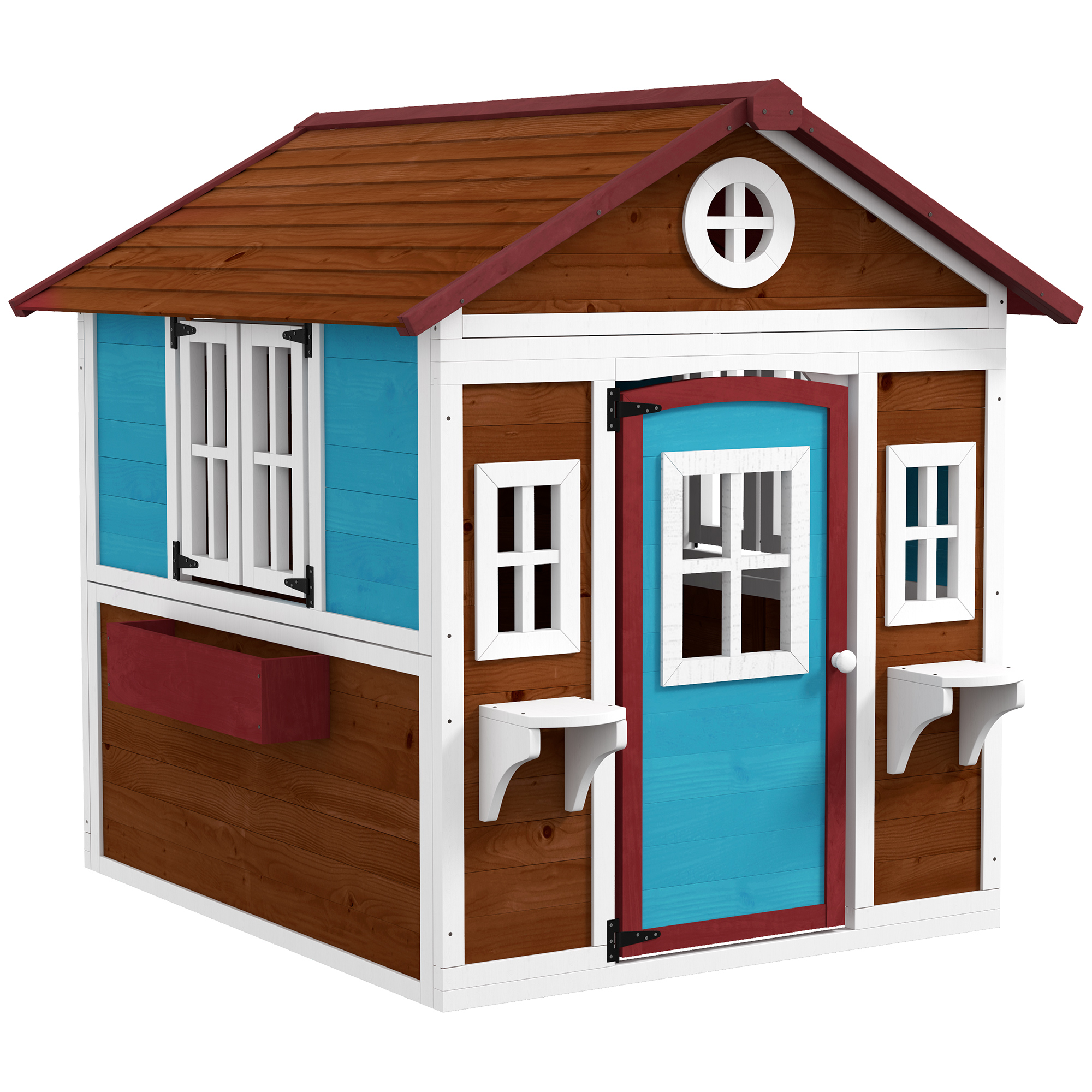 Outsunny Kinderspielhaus aus Holz Spielhaus Outdoor mit Fenster, Blumenregal, Pflanzenkasten und Tür Gartenhaus für Kinder 3-8 Jahre Dunkelbraun Aosom