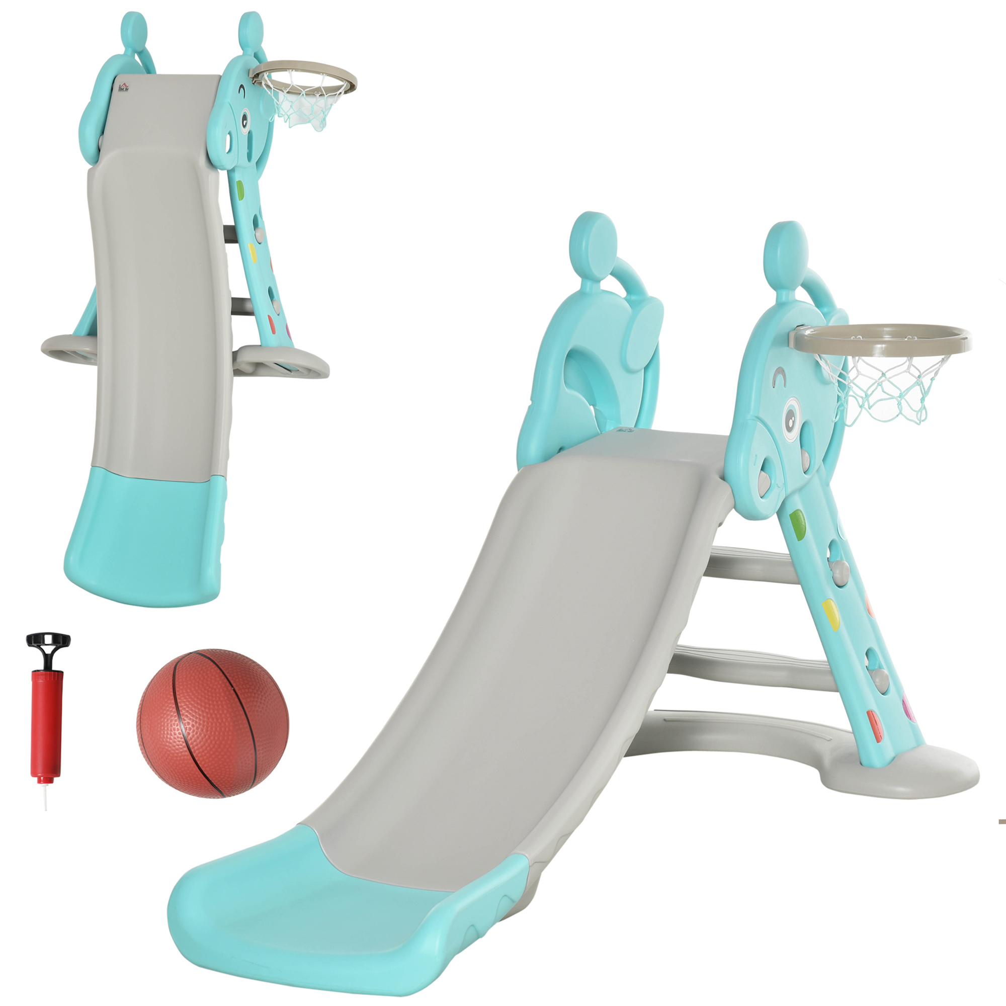HOMCOM Kinderrutsche mit Basketballkorb faltbare Spielzeugrutsche mit verlängerter Heckkissen Dreiecksstruktur HDPE PP Hellblau+Grau 147x82x85,5cm Aosom