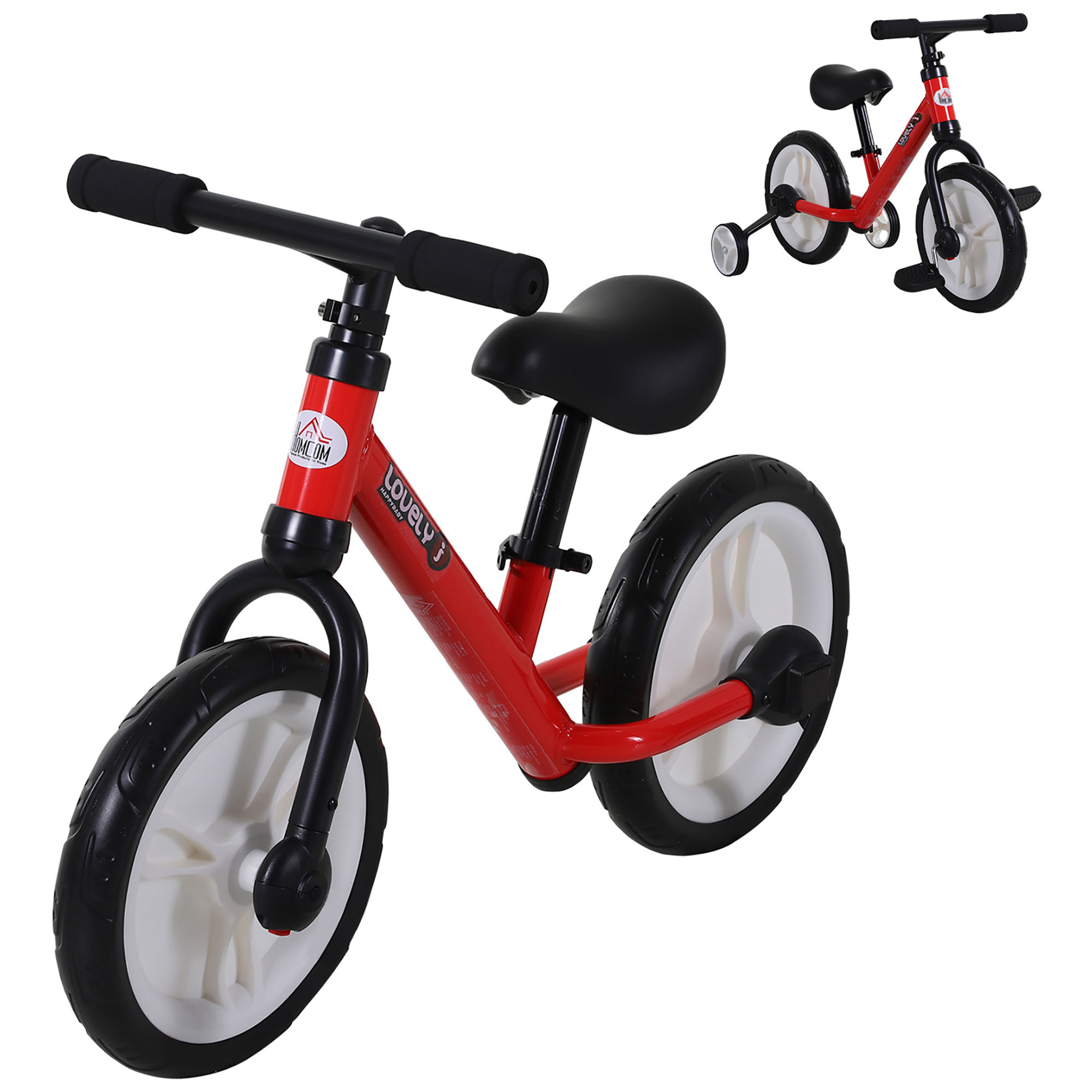 HOMCOM Kinderfahrrad Laufrad mit Stützrädern und Pedalen, 2-5 Jahre, Sitzhöhenverstellbar, PP, Rot   Aosom