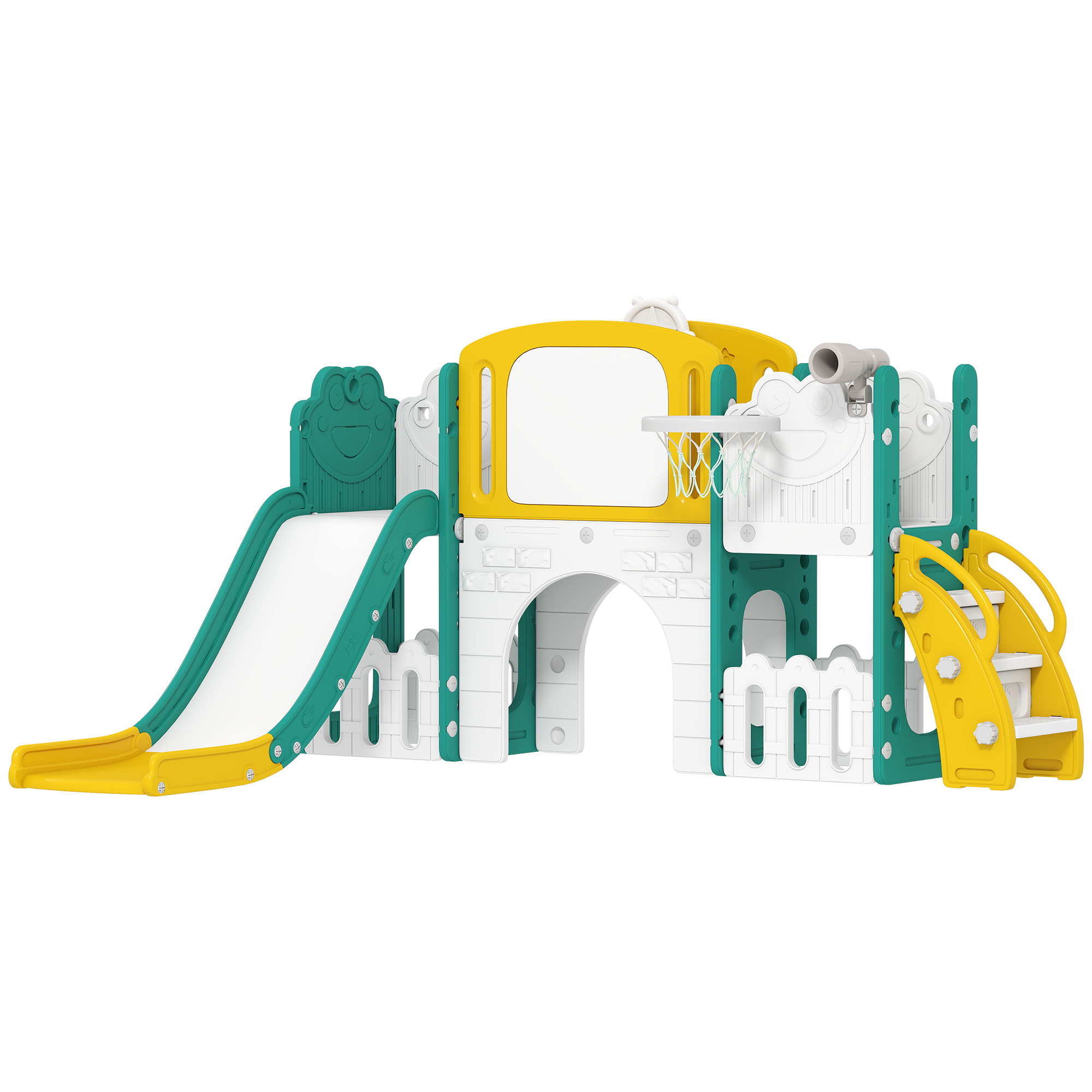 AIYAPLAY Kinderrutsche 7 in 1 Indoor und Outdoor Babyrutsche mit Basketballkorb, Klettergerüst, Tunnel, Spielteleskope, Stauraum, Reißbrett, Frosch-Motiv Spielplatz für Kleinkinder 1-3 Jahre, Gelb Aosom