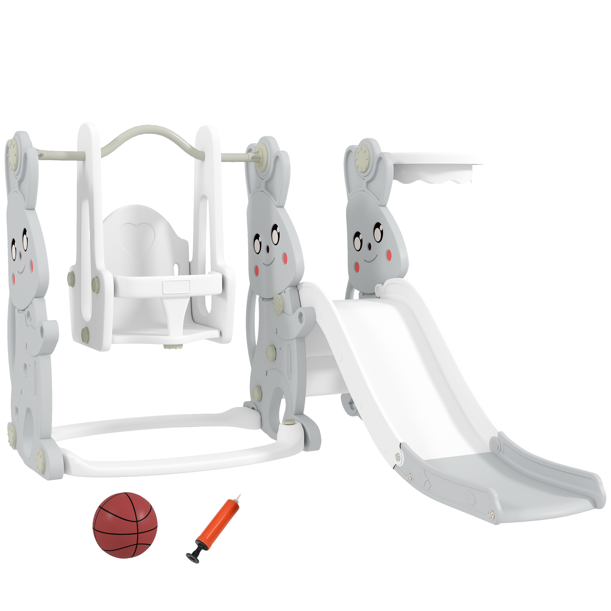 AIYAPLAY Rutsche 4-in-1 Kinderrutsche mit Schaukel, Klettergerüst, Basketballkorb, Kinder Spielplatz mit Hasendesign Kleinkinderrutsche für Indoor und Outdoor Kinder von 1,5-4 Jahren Grau Aosom