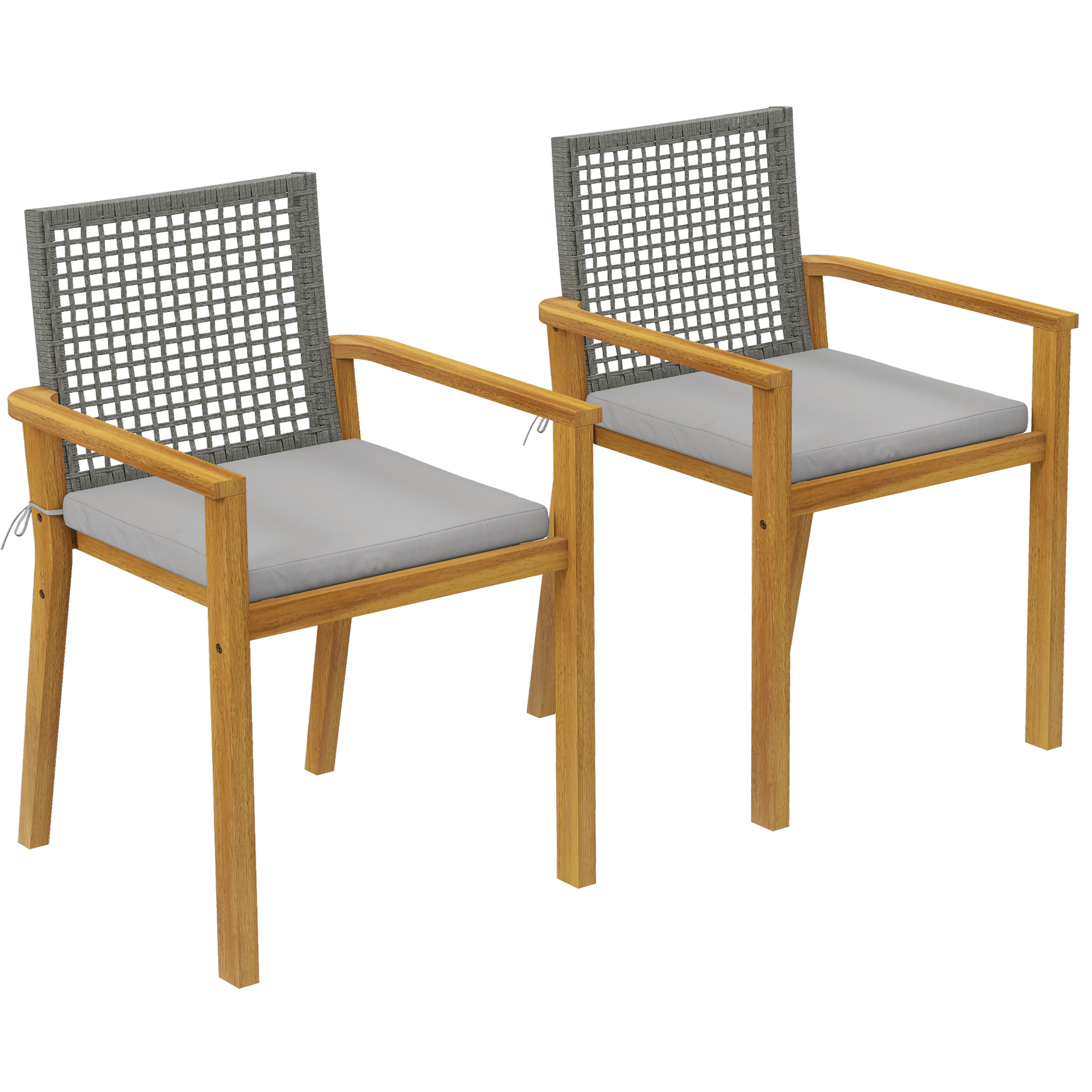 Outsunny Gartenstühle 2er Set FSC Akazienholz Stapelbar Holzstühle mit Rattan-Rückenlehne abnehmbaren Kissen Armlehne Wetterfest Balkonstühle Outdoor Stühle bis 160 kg für Garten Balkon Naturholz Aosom