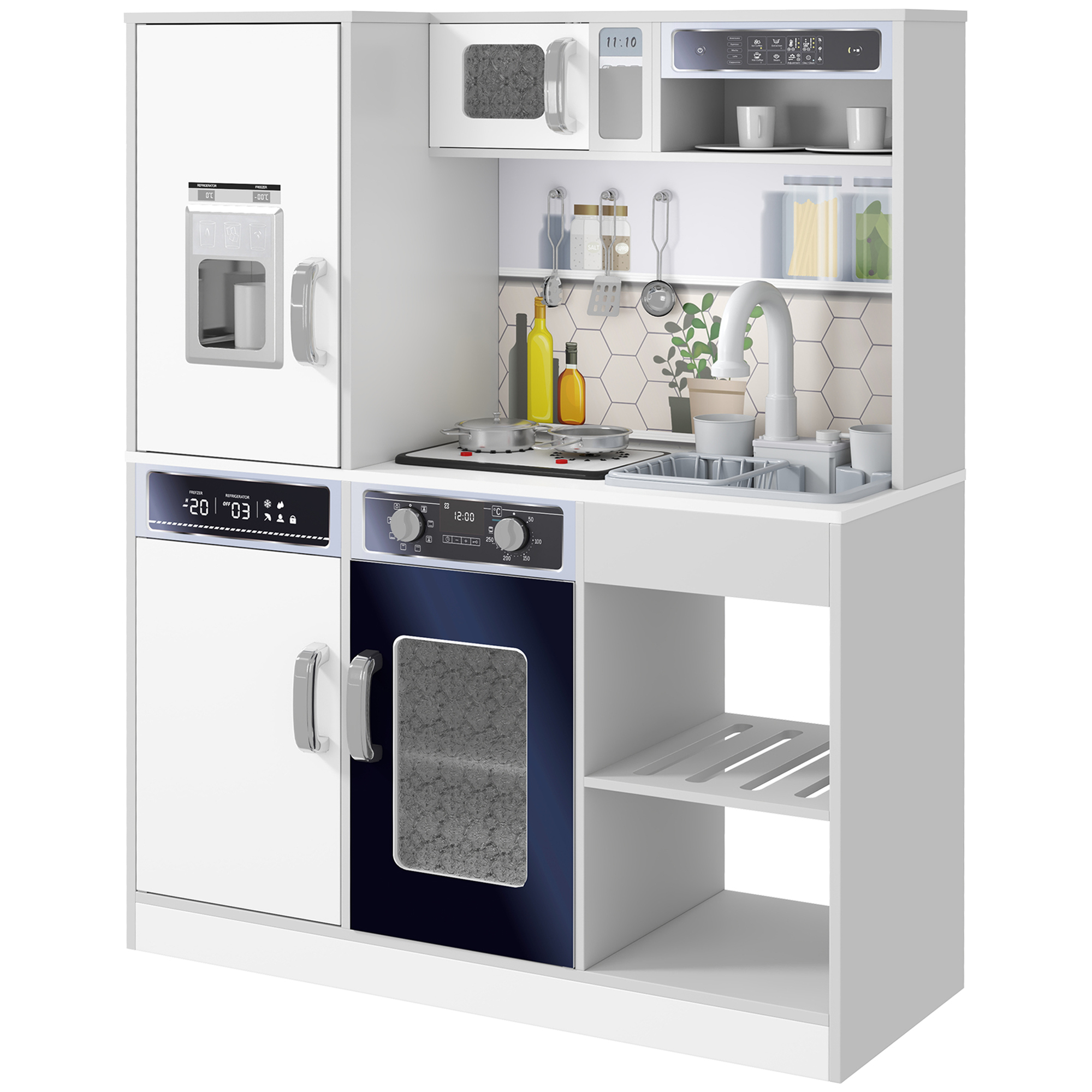 AIYAPLAY Kinderküche Spielküche mit Lichtern und Geräuschen Kochherd, fließendes Wasser, Kaffeemaschine, Kühlschrank, Mikrowelle, Eiswürfelmaschine, Küchenzubehör für 3-8 Jahre Kinder, Weiß Aosom