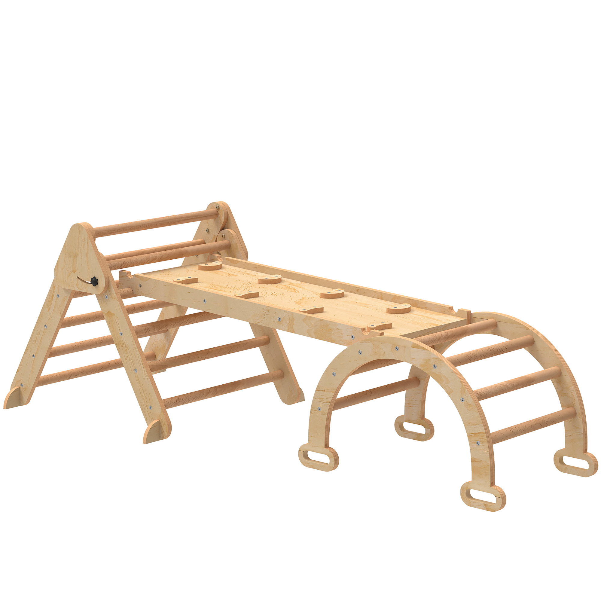 AIYAPLAY 5-in-1 Montessori Klettergerüst Indoor, faltbar Holz Kletterdreieck mit Rutsche, Bogen, Indoor Spielplatz für Kinder von 1,5-4 Jahre, Naturholz Aosom