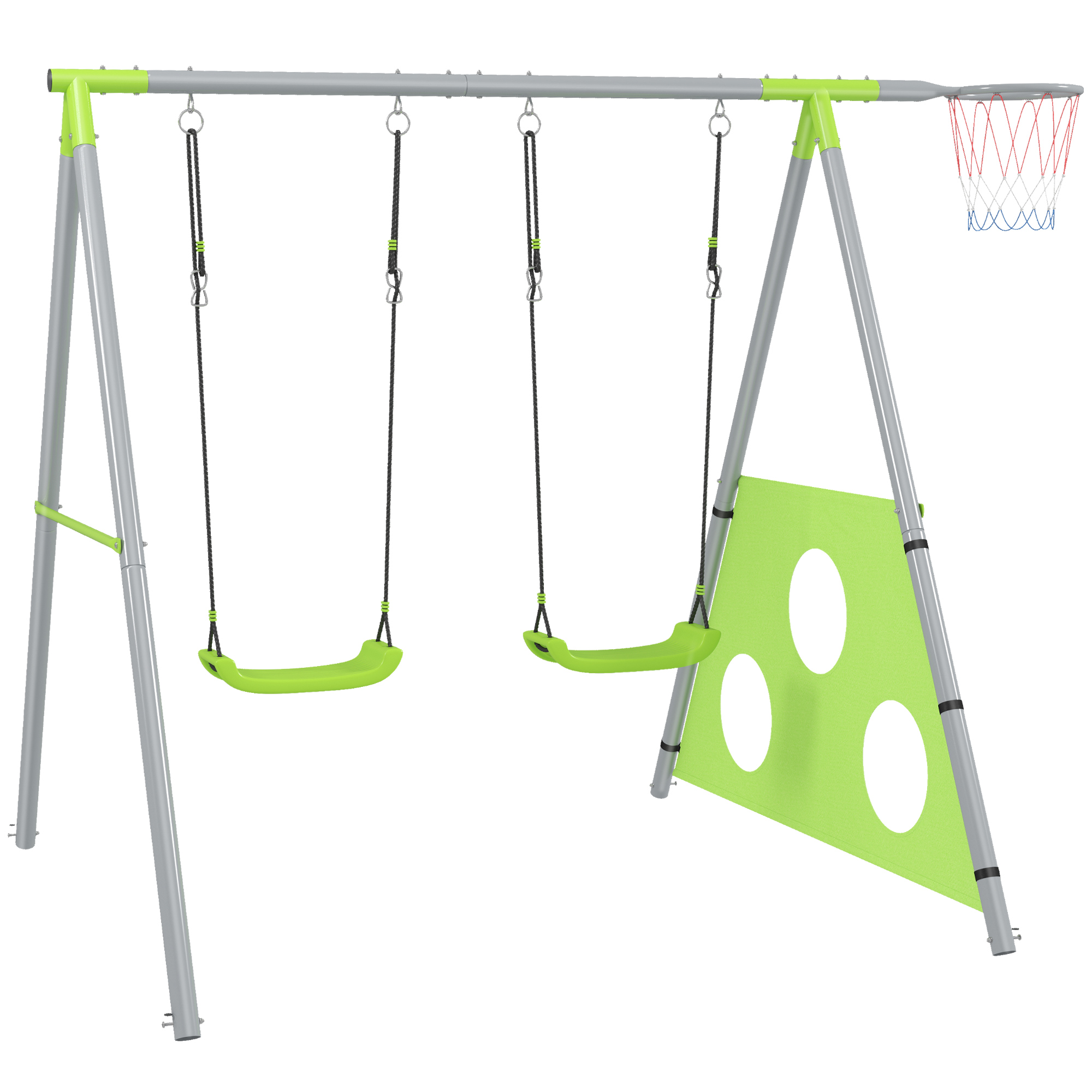 AIYAPLAY 3 in 1 Schaukelgestell Outdoor Schaukelgerüst mit 2 Schaukeln, Basketballkorb, Fußballtor, Kinderschaukel mit Metallgestell, Gartenschaukel für Kinder Aosom