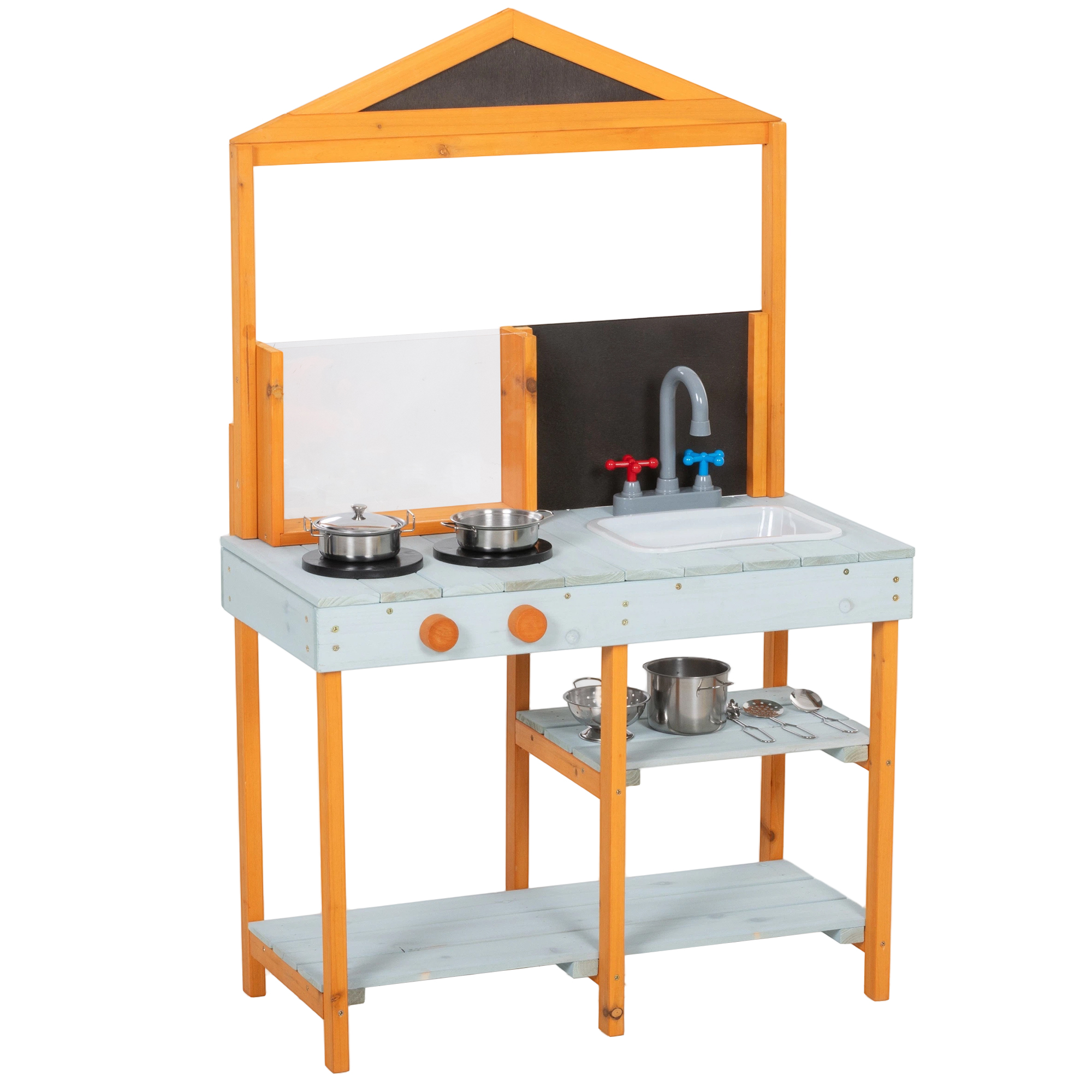 AIYAPLAY Matschküche Kinder Outdoor Spielküche Holz mit Herd Abnehmbarer Spüle Regalen Kinderküche mit 4 Edelstahlschüsseln 3 Schaufeln Outdoorküche für Kinder von 3-8 Jahren, Hellblau Aosom