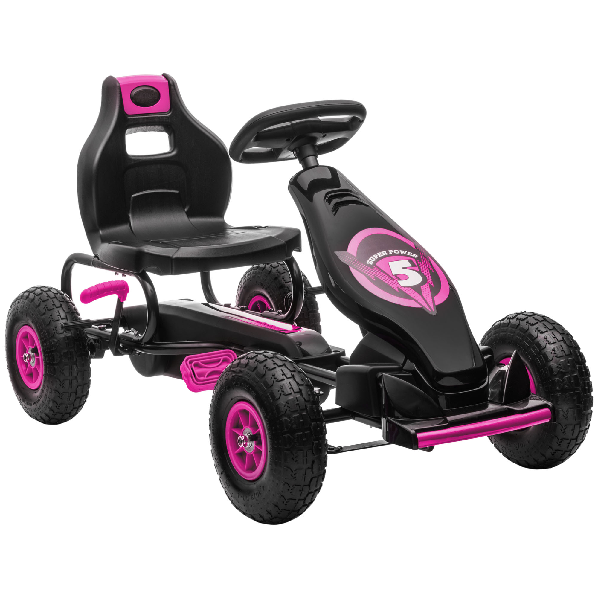 HOMCOM Gokart, Kinderfahrzeug mit verstellbarem Sitz, Tretfahrzeug mit Gummireifen, Pedal und Handbremse, Kettcar für 5-12 Jahre Kinder, Outdoor, Rosa Aosom