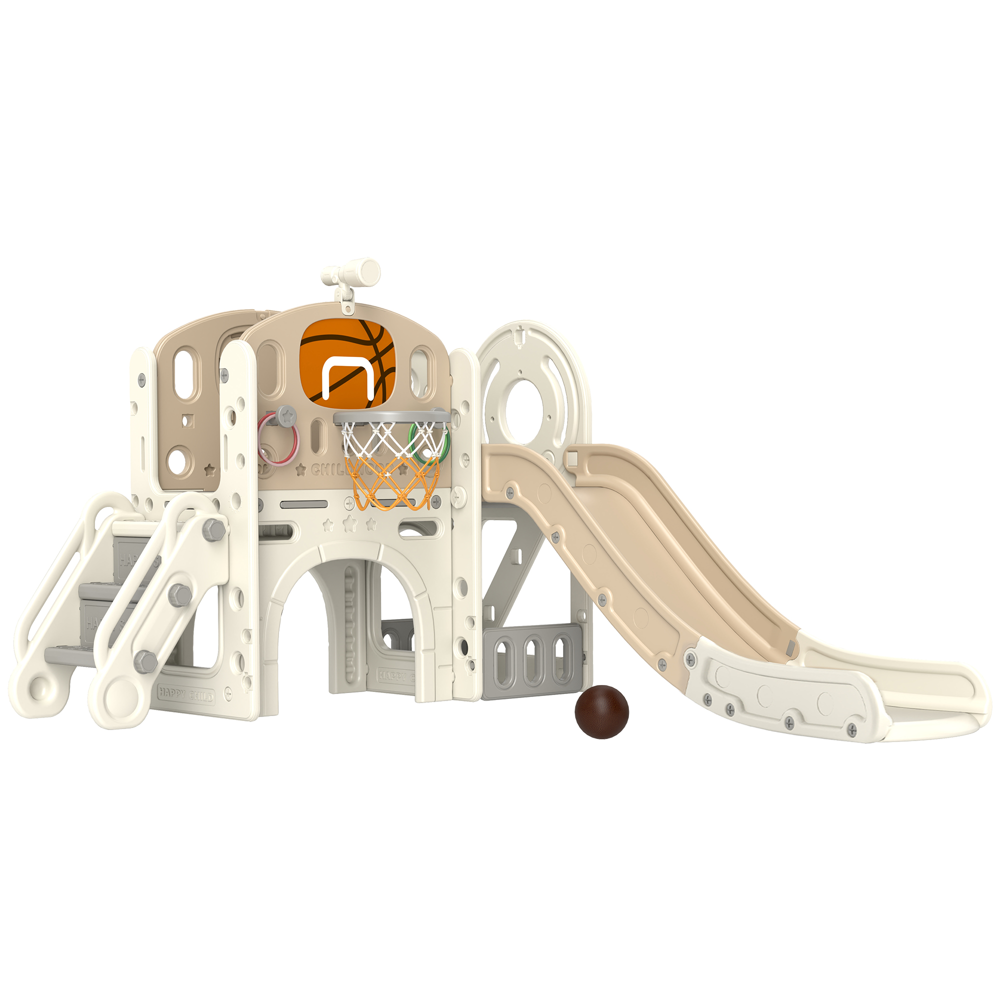 AIYAPLAY Kinderrutsche, 7-in-1, Kleinkinderrutsche mit Basketballkorb, Klettergerüst, Teleskop, Tunnel, Plattformgang, Aufbewahrungskorb, Kinder Spielplatz für 1 bis 6 Jahre Kinder Aosom