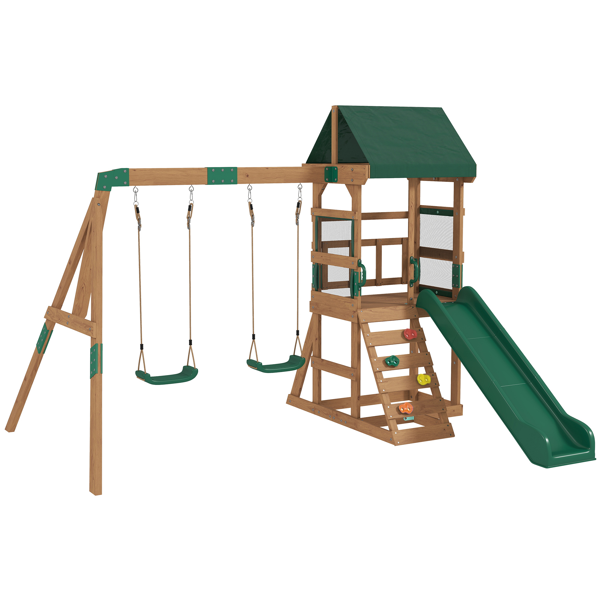 AIYAPLAY Spielturm Klettergerüst Schaukelgestell mit 194,5cm Rutsche, 2 Schaukeln, Kletterwand, überdachtem Oberdeck Outdoor Kinder Kletterturm aus Holz Spielhaus für 3-8 Jahre Kinder 315x284x233 cm   Aosom