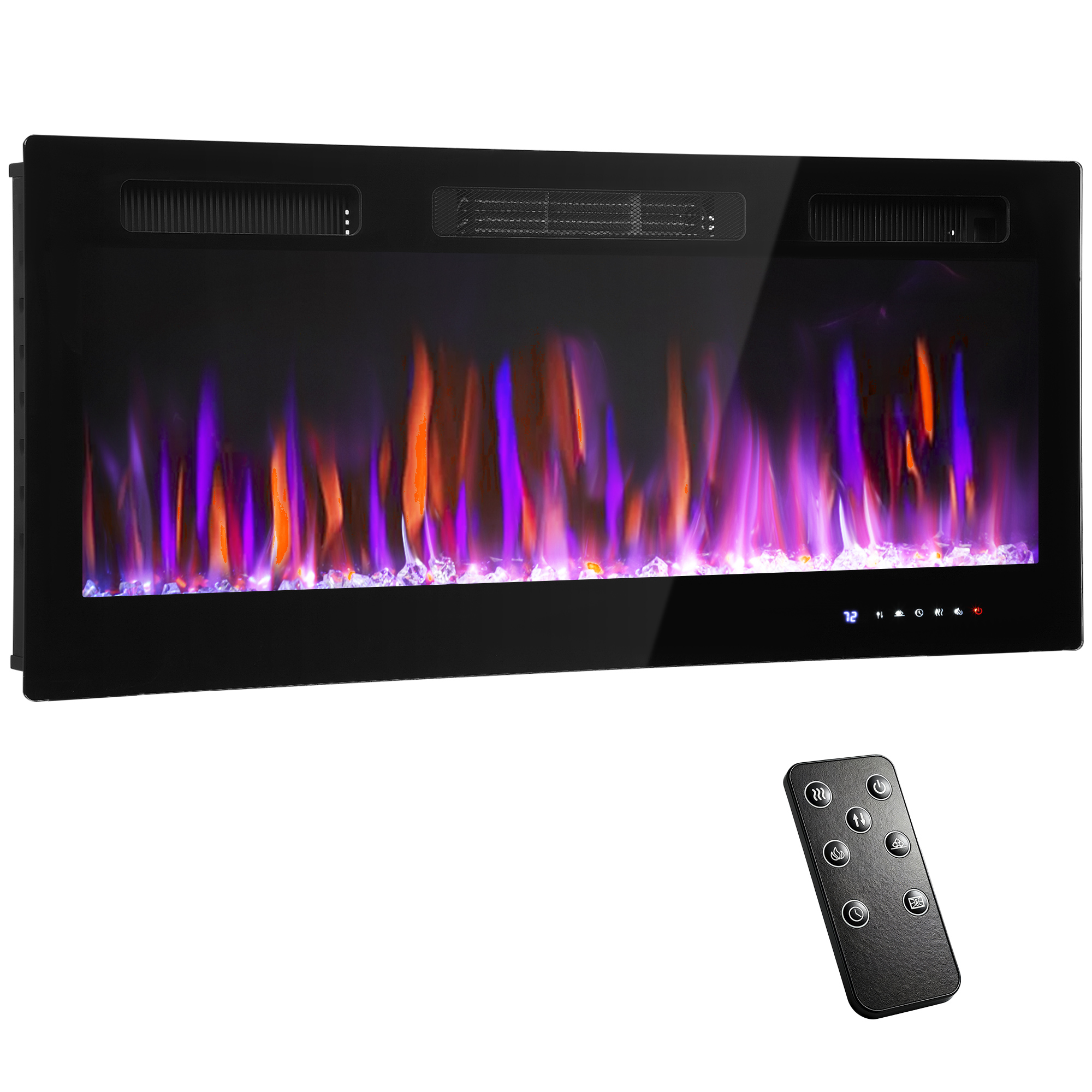 HOMCOM Elektrokamin mit Heizung, Elektrischer Kamin mit 12 farbigen 3D Flammeneffekten, 12 Kristallfarben, 1800W extra-schlank Wandamin mit Fernbedienung, Wochen- und 24-Std.-Timer, Thermostat Aosom