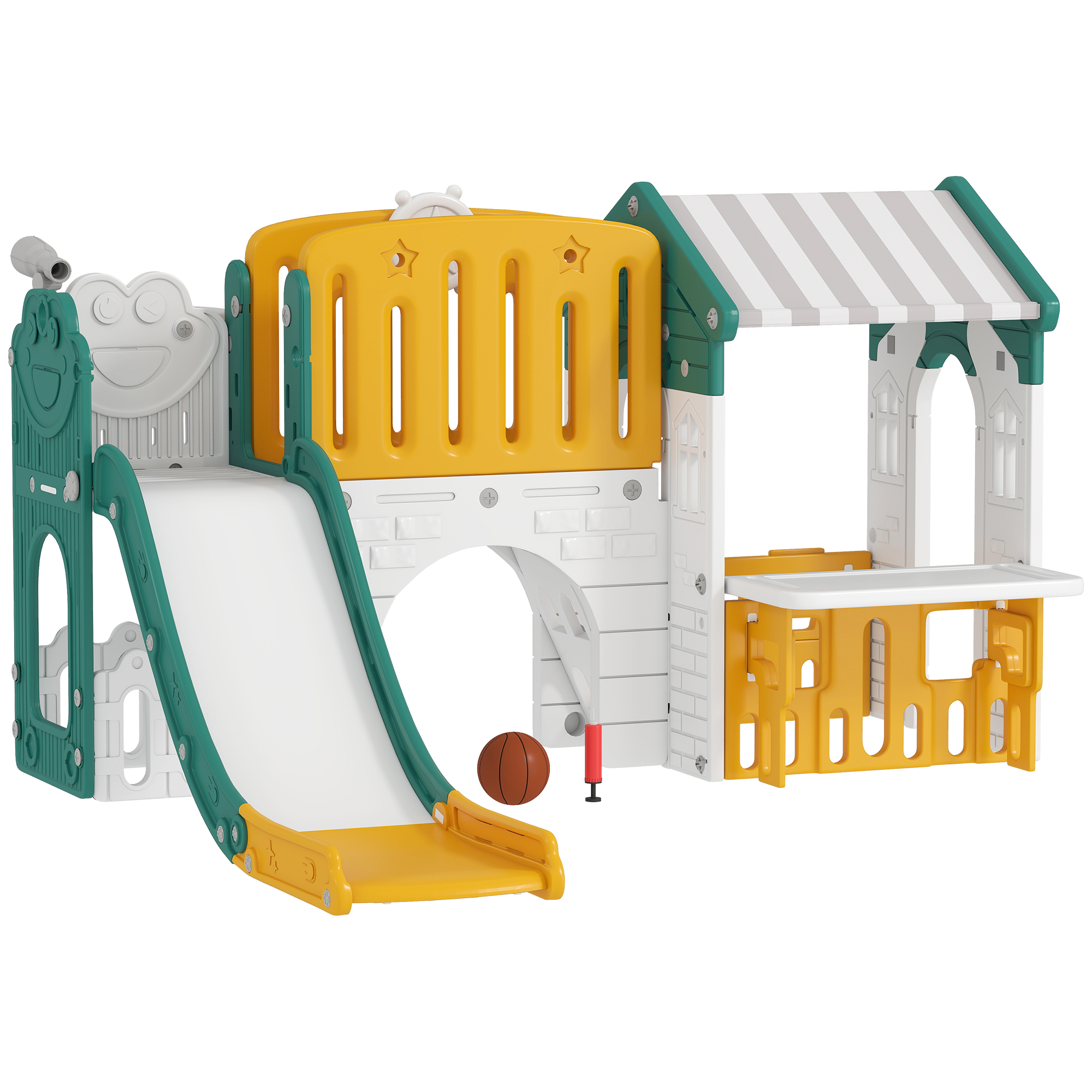 AIYAPLAY 7 in 1 Kinderrutsche mit Klettergerüst Kleinkindrutsche mit Basketballkorb, Tunnel, Teleskop, Stauraum, Spielhaus, Indoor und Outdoor Spielplatz für Kleinkinder 1-4 Jahre, Gelb+Grün Aosom