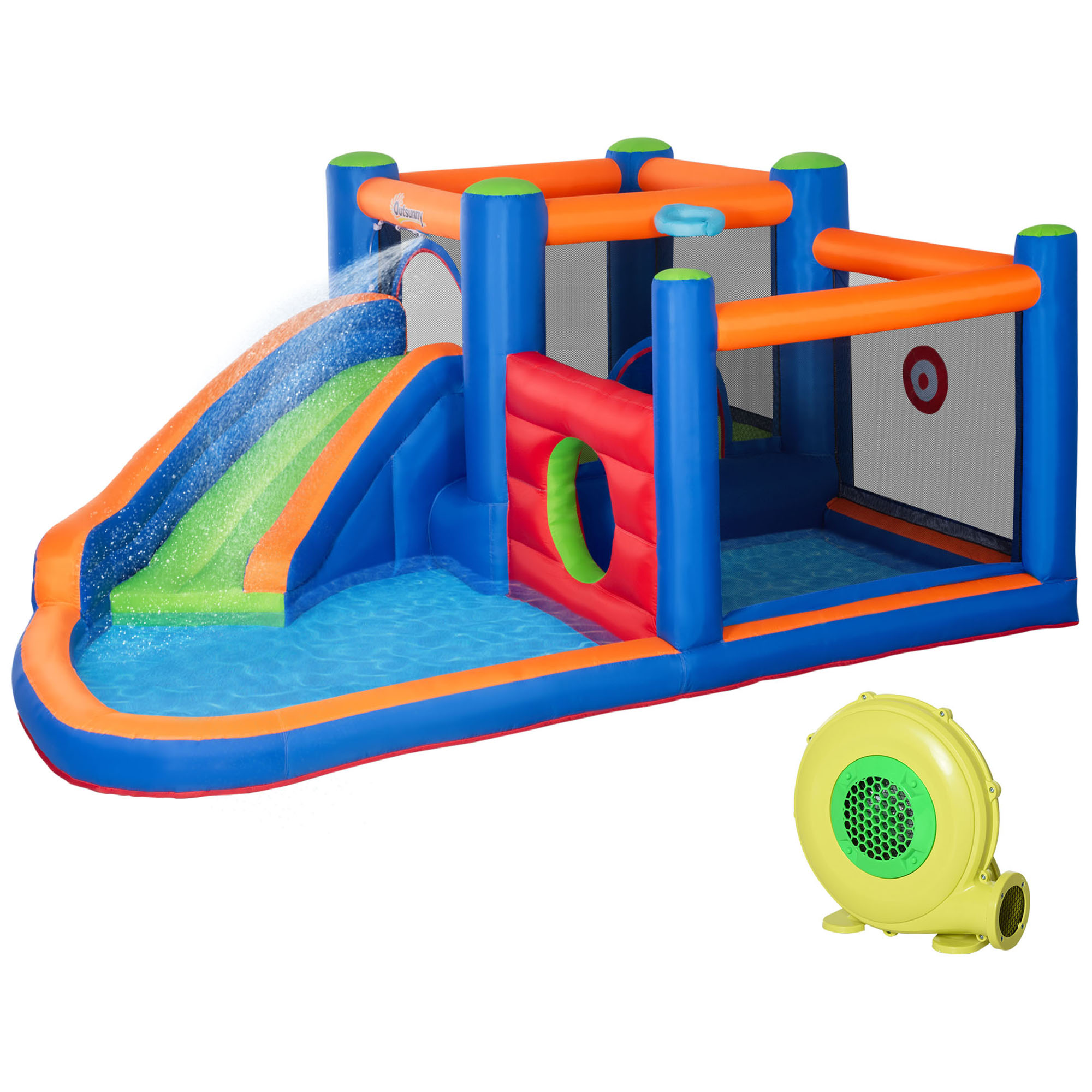 Outsunny Aufblasbare Hüpfburg Wasserpark mit Gebläse, Wasserrutsche, Basketballkorb, Spielcenter für Kinder ab 3 Jahren, ideal für Garten Aosom.de