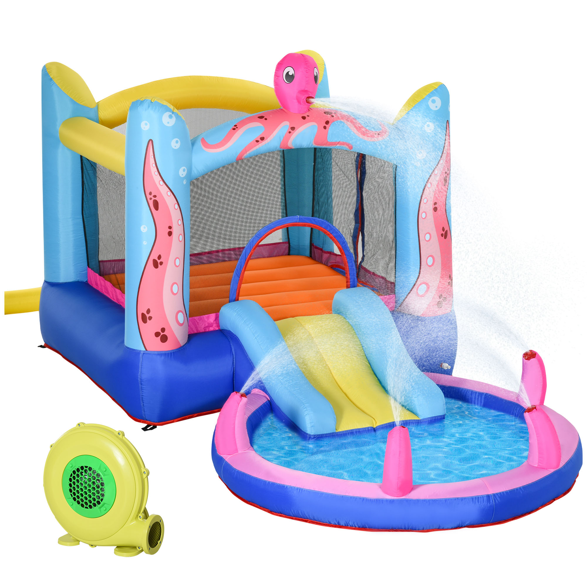 Outsunny Aufblasbare Hüpfburg Oktopus-Muster mit Rutsche Trampolin Spielburg Wasserrutsche Pool für Kinder 3-8 Jahre Oxfordstoff Aosom.de
