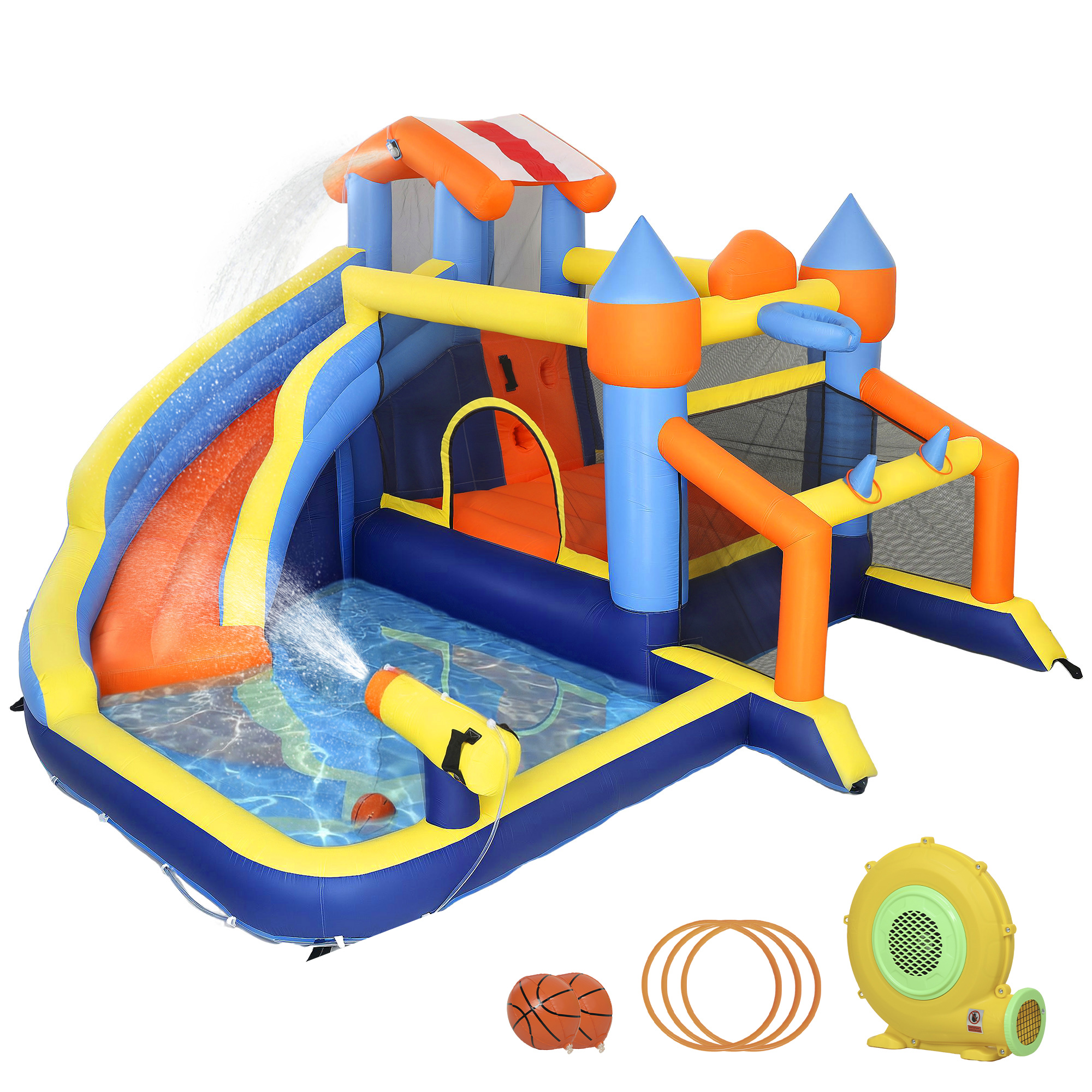 AIYAPLAY Hüpfburg mit Gebläse 8-in-1 aufblasbare Wasserpark mit Wasserrutsche Planschbecken Trampolin Kletterwand Basketballkorb Springburg für 4 Kinder von 3–8 Jahren für Indoor Outdoor 350x325x210cm Aosom