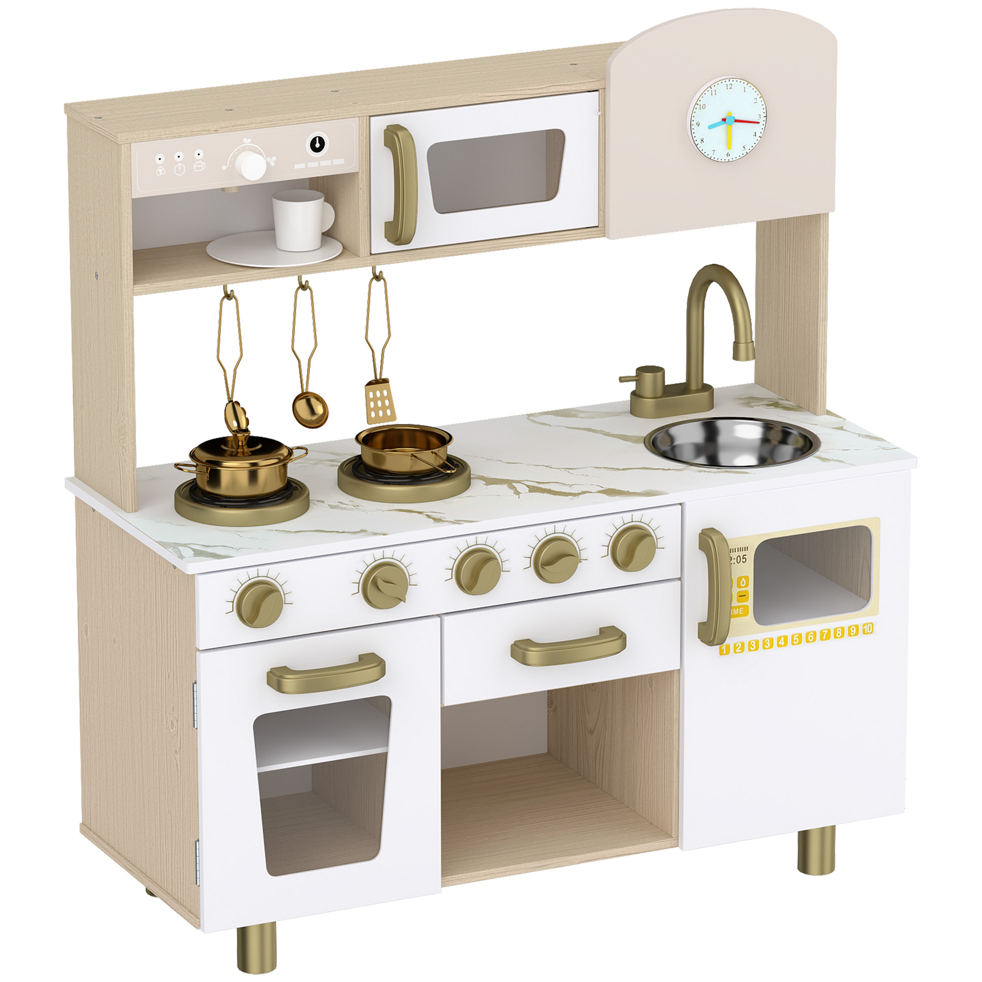 AIYAPLAY Kinderküche Kaffeemaschine Kinder Holz Spielküche Zubehör mit Herd, Wasserhahn, Ablage und Kochgeschirr aus Edelstahl, Küchengeräte Kaffeeset Kinder Spielzeug für Jungen Mädchen 3-6 Jahren Aosom