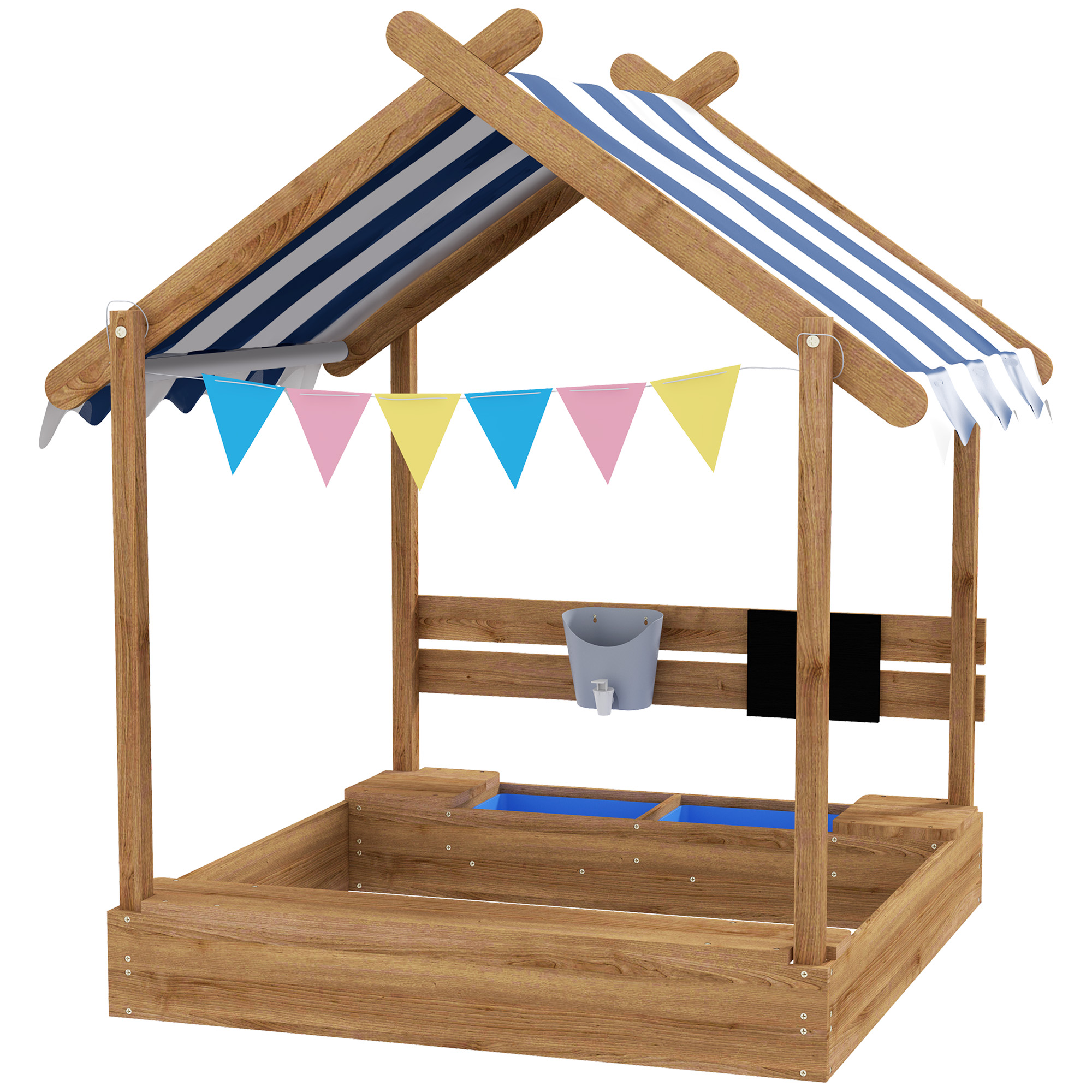 Outsunny Sandkasten mit Dach Holz Sandbox mit Sitzplatz und Tafel für 3-7 Jahre 124x116x146cm Garten Spielhaus Braun Aosom.de