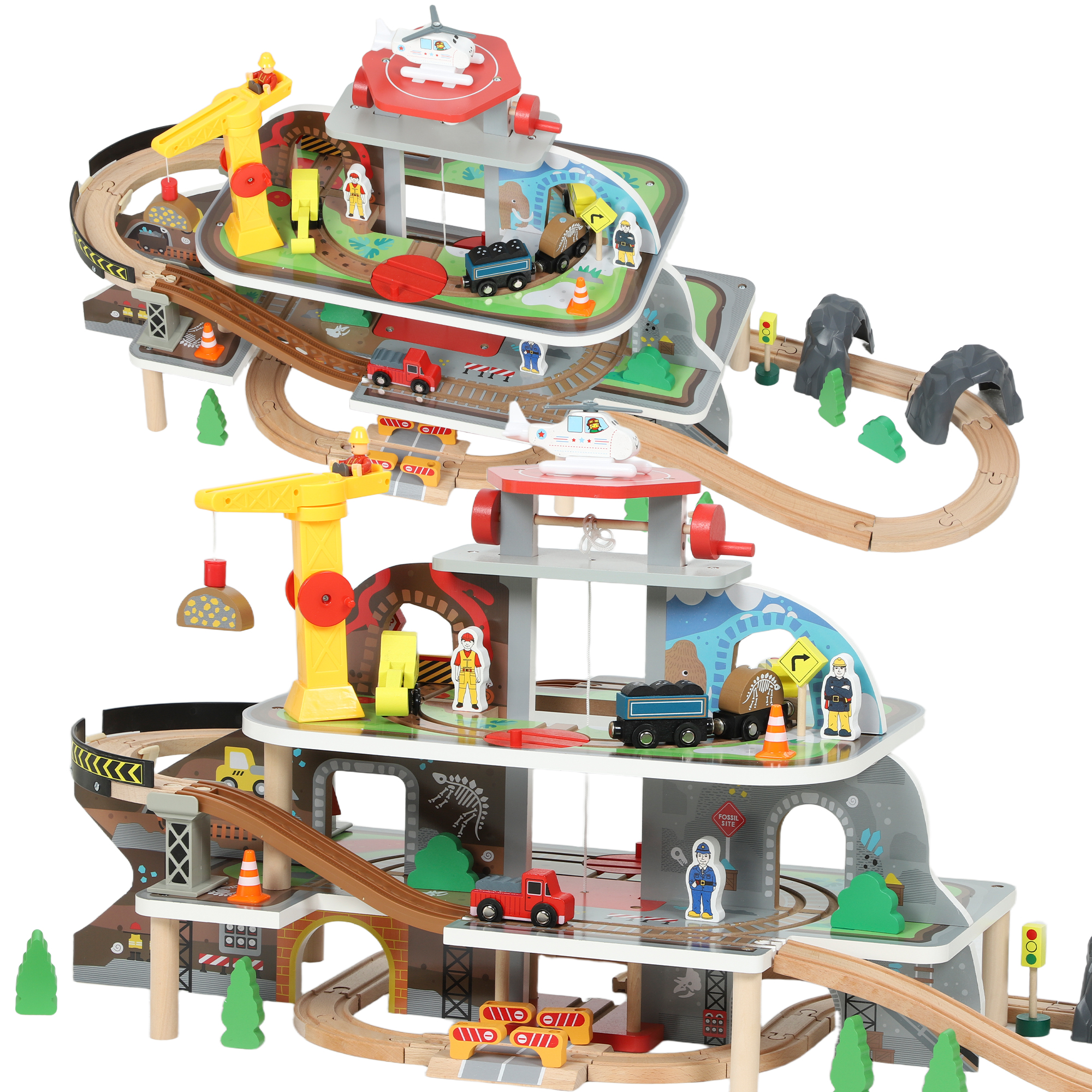 AIYAPLAY Holzeisenbahn Set 3 Ebene 79 Stück Eisenbahn Set mit Elektrische Lok Zügen Grundplatte Kran Hubschrauber, Magnetisch Holzzug für Kleinkinder ab 3 Jahren Spielzeug für Kinder Jungen Mädchen Aosom