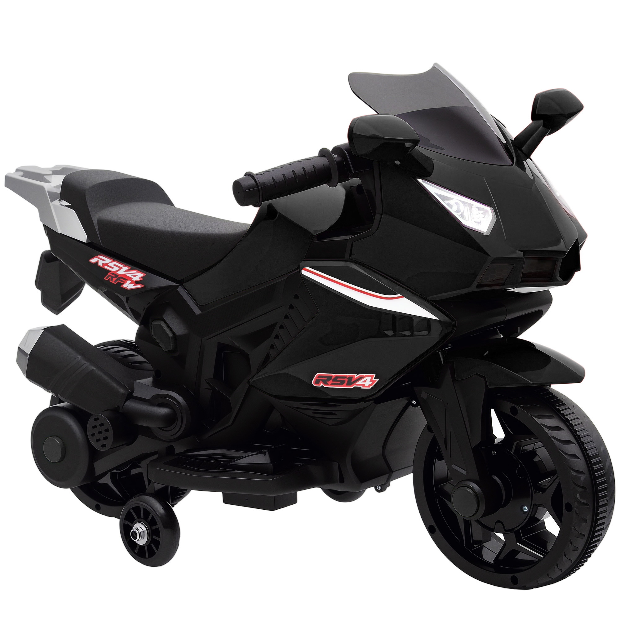 AIYAPLAY Elektro Kindermotorrad Elektromotorrad mit USB, Stützrädern, Musik, Hupe Scheinwerfer, Kinder Elektro Motorrad mit 2 Stützrädern für Kinder 1,5–3 Jahren Schwarz Aosom
