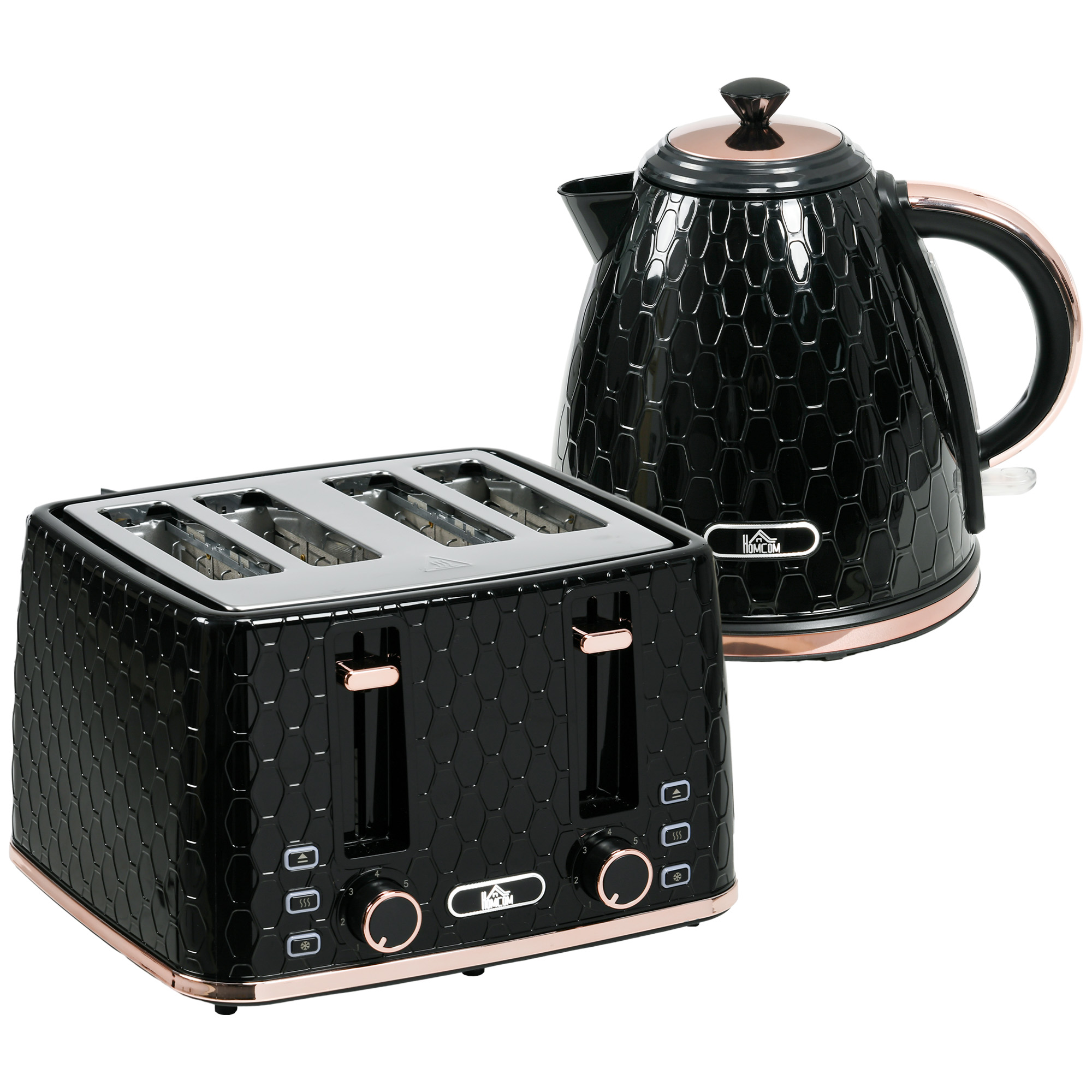 HOMCOM Wasserkocher Toaster Set 1,7L Wasserkocher 4 Toastscheiben Frühstücksset mit 7 Bräunungsstufen, automatischer Abschaltung, Auftau- & Aufwärmfunktion und Krümelfach, Schwarz Aosom