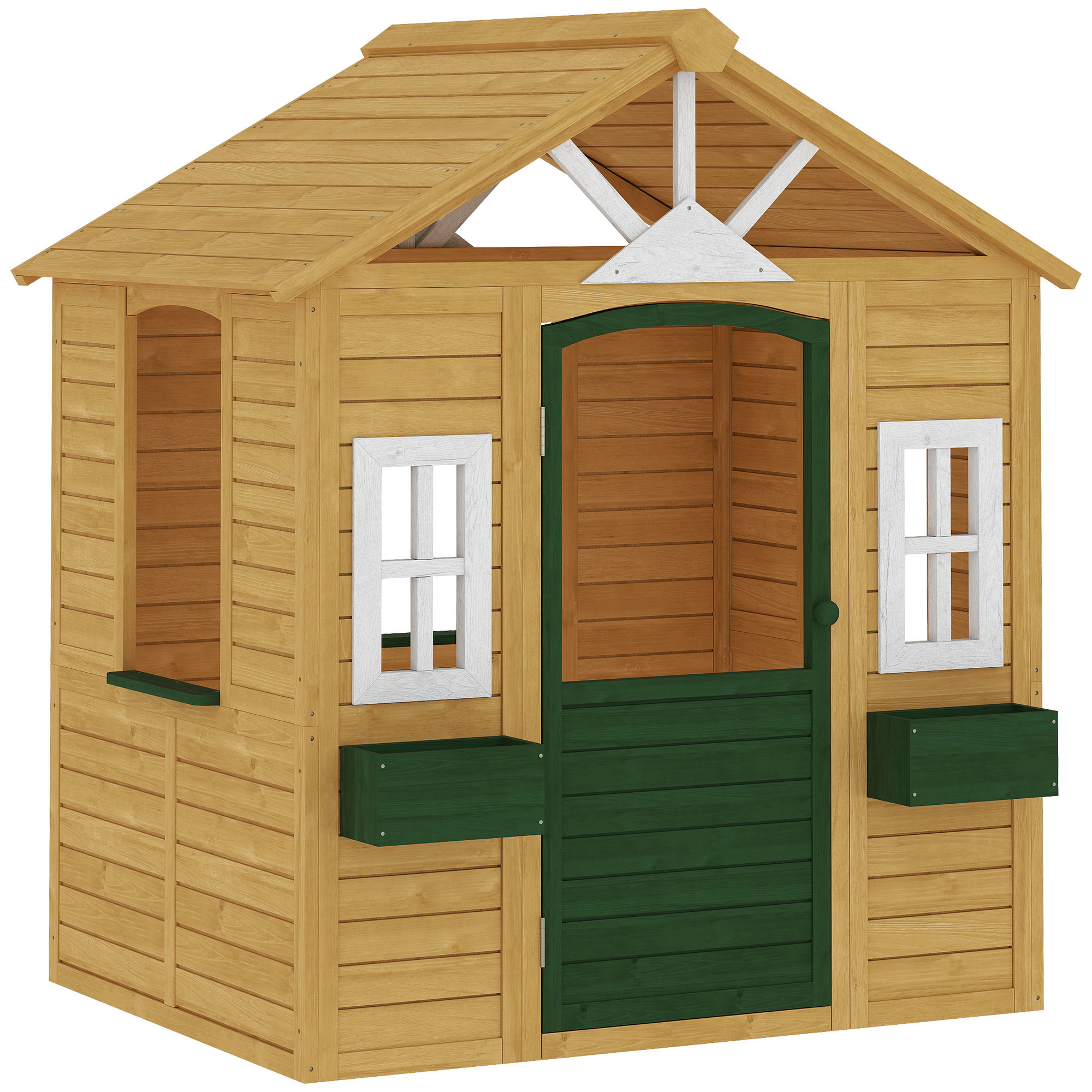 AIYAPLAY Kinderspielhaus aus Holz Spielhaus Outdoor mit Tür 3 Fenster 2 Blumenkästen Gartenhaus für Kinder von 3-8 Jahren 134,5 x 97 x 150 cm Braun Aosom