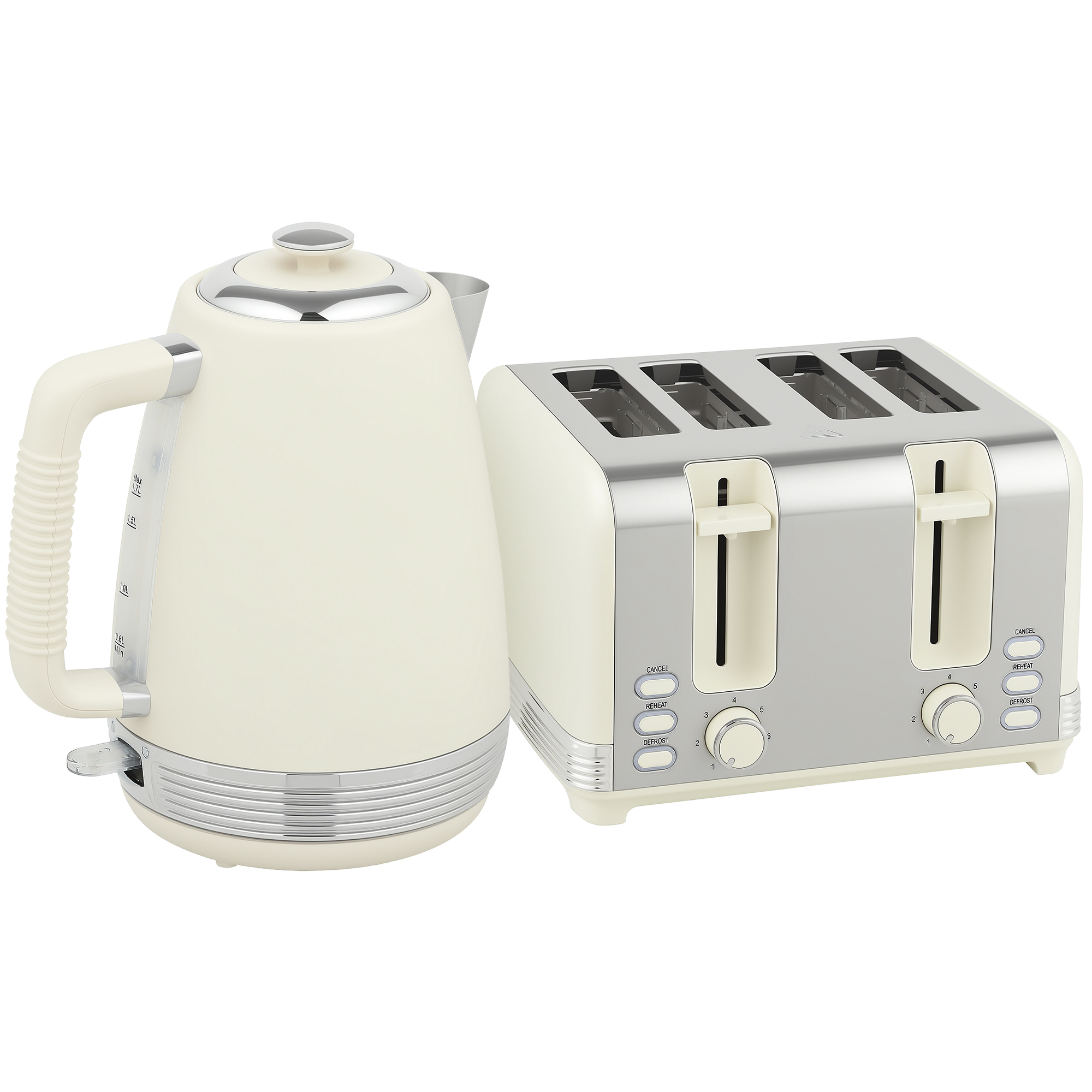 HOMCOM Wasserkocher Toaster Set Frühstück-Set mit 4 Scheiben Toaster, 1,7L Wasserkocher, 2200 W, 7 Bräunungsstufen, Krümelfach, Auftauen, Aufwärmen und Strix Thermostat, Creme Aosom
