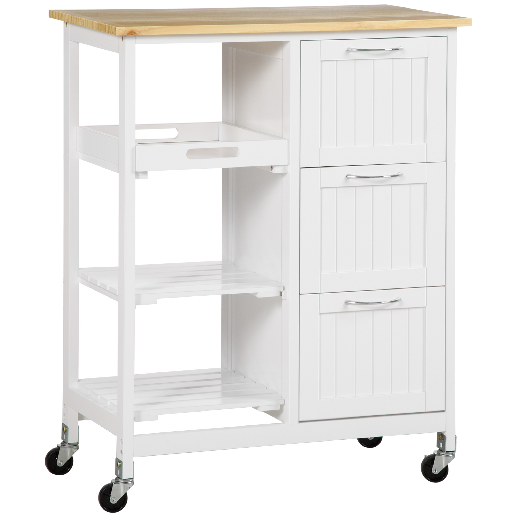 HOMCOM Küchenwagen, Servierwagen mit 3 Schubladen, 3 Ebenen, Arbeitsplatte, Küchenrollwagen, Aufbewahrungswagen, Weiß, 67 x 37 x 85 cm Aosom