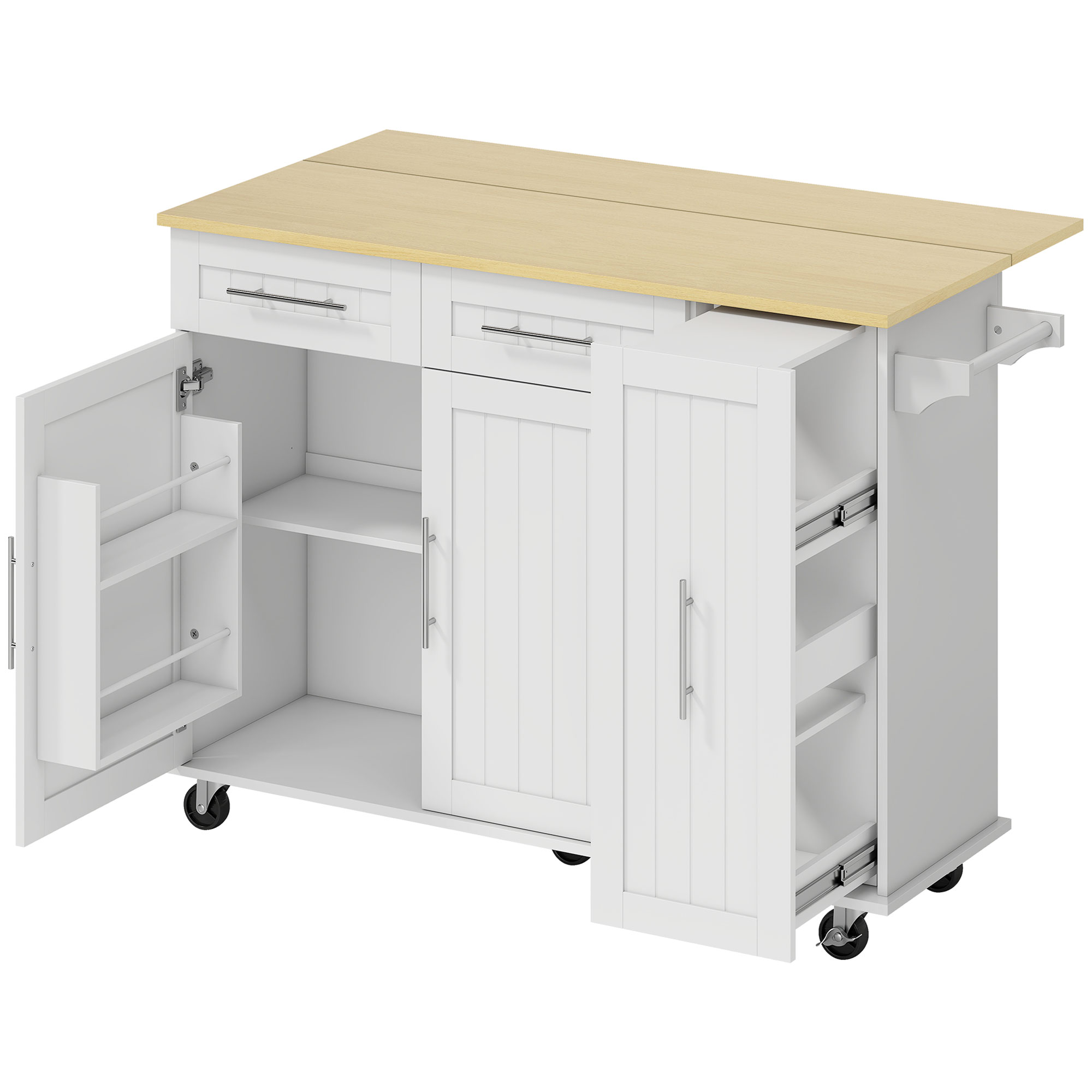 HOMCOM Kücheninsel Küchenwagen mit ausziehbarer Arbeitsplatte, Rollen, 2 Schubladen Küchenschrank mit 2 Soft-Close-Türe, 3-stufigem Ausziehfach, Handtuchhalter Servierwagen Rollwagen 129x65x91cm Weiß Aosom