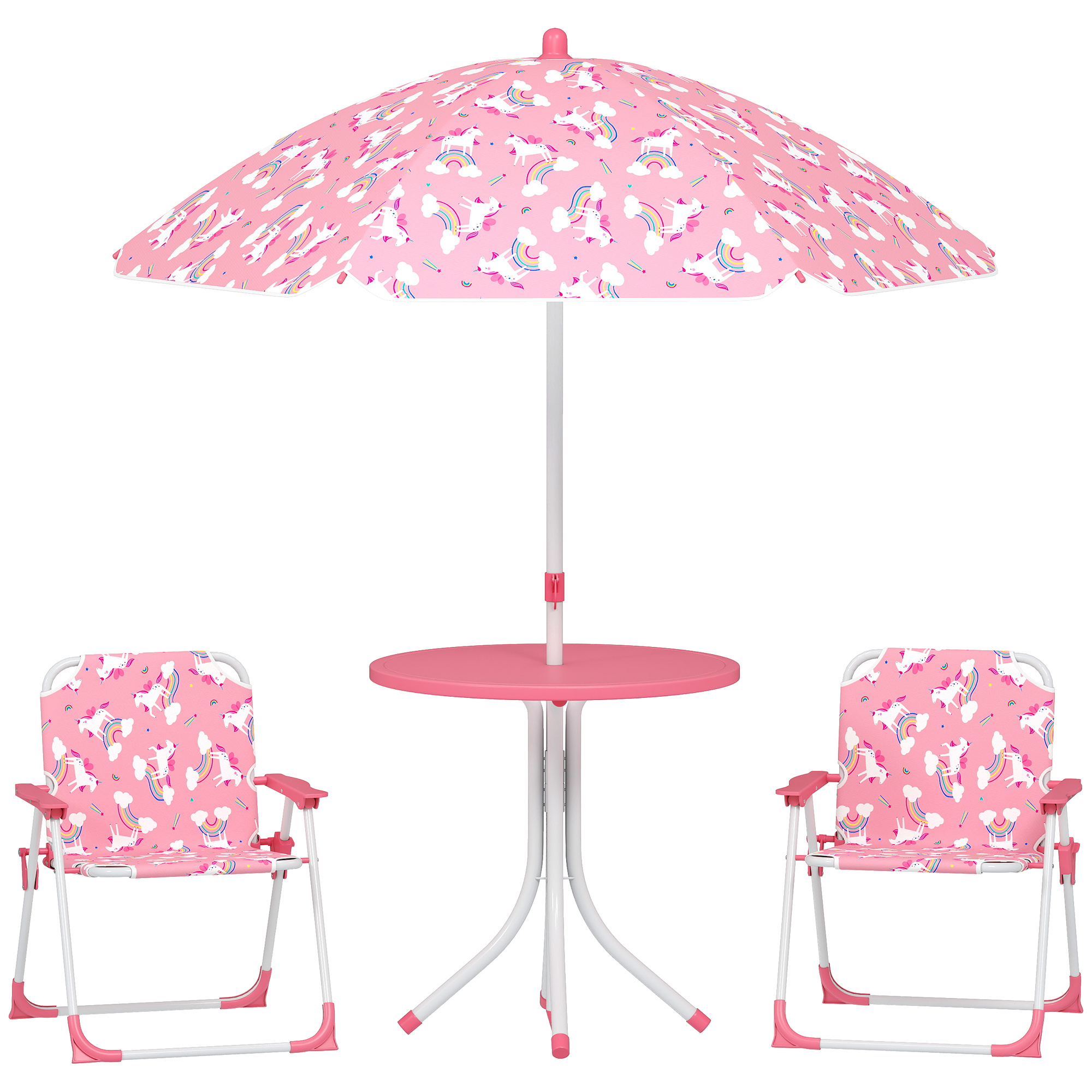 AIYAPLAY Kindersitzgruppe mit Sonnenschirm Höhenverstellbar Kindersitzgarnitur Kindertisch mit 2 Klappstühlen Sitzgarnitur Kinder Sitzgruppe Outdoor Gartenmöbel für Garten Strand, Rosa Aosom
