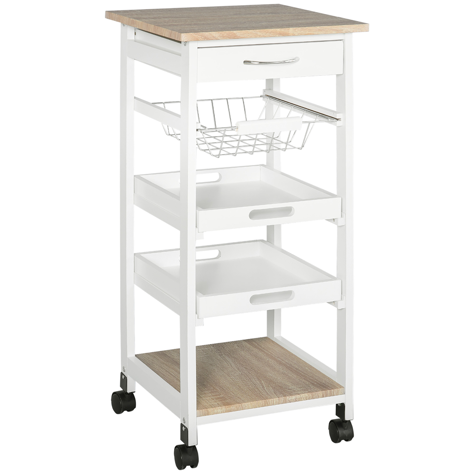 HOMCOM Küchenwagen Servierwagen mit Schublade abnehmbares Tablett Kiefer Weiß 37x37x82 cm für Küche und Essbereich Aosom.de
