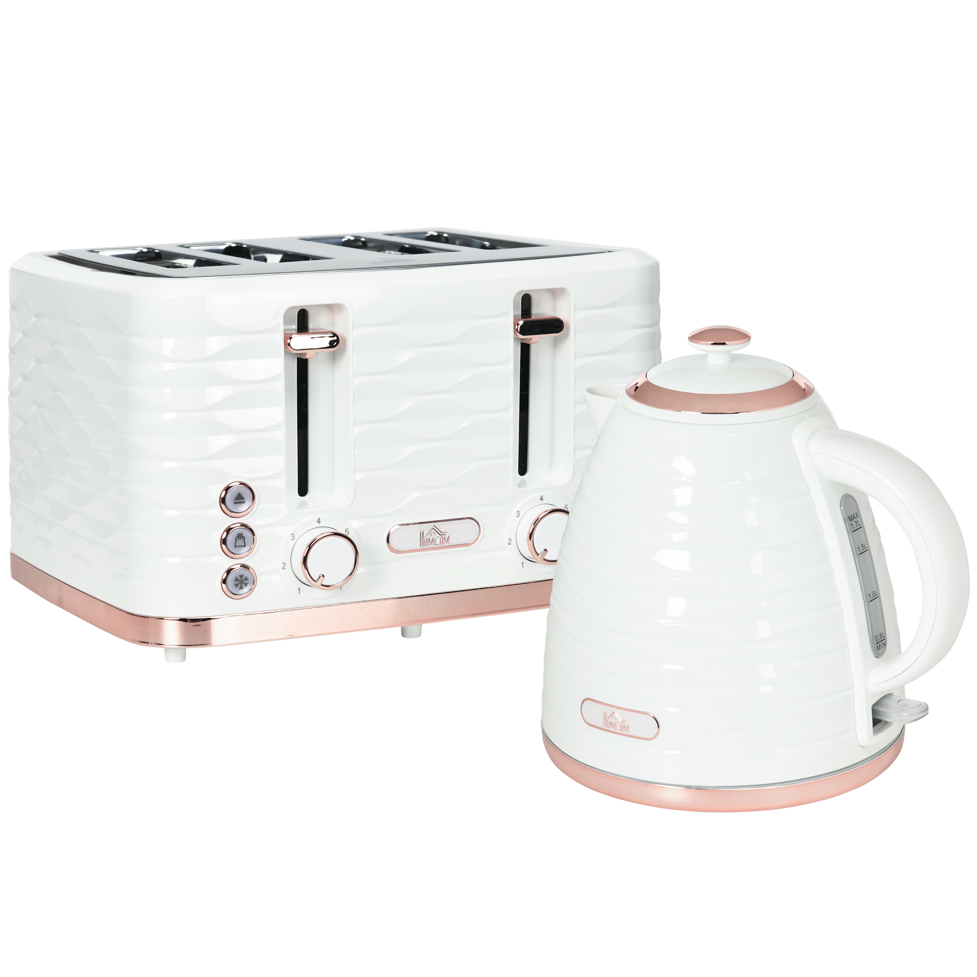 HOMCOM Wasserkocher Toaster Set Frühstück-Set mit 1,7L Wasserkocher, 4 Scheiben Toaster, 2200 W, 7 Bräunungsstufen, Auftauen, Aufwärmen und Krümelfach, Otter Thermostat, Cremeweiß Aosom