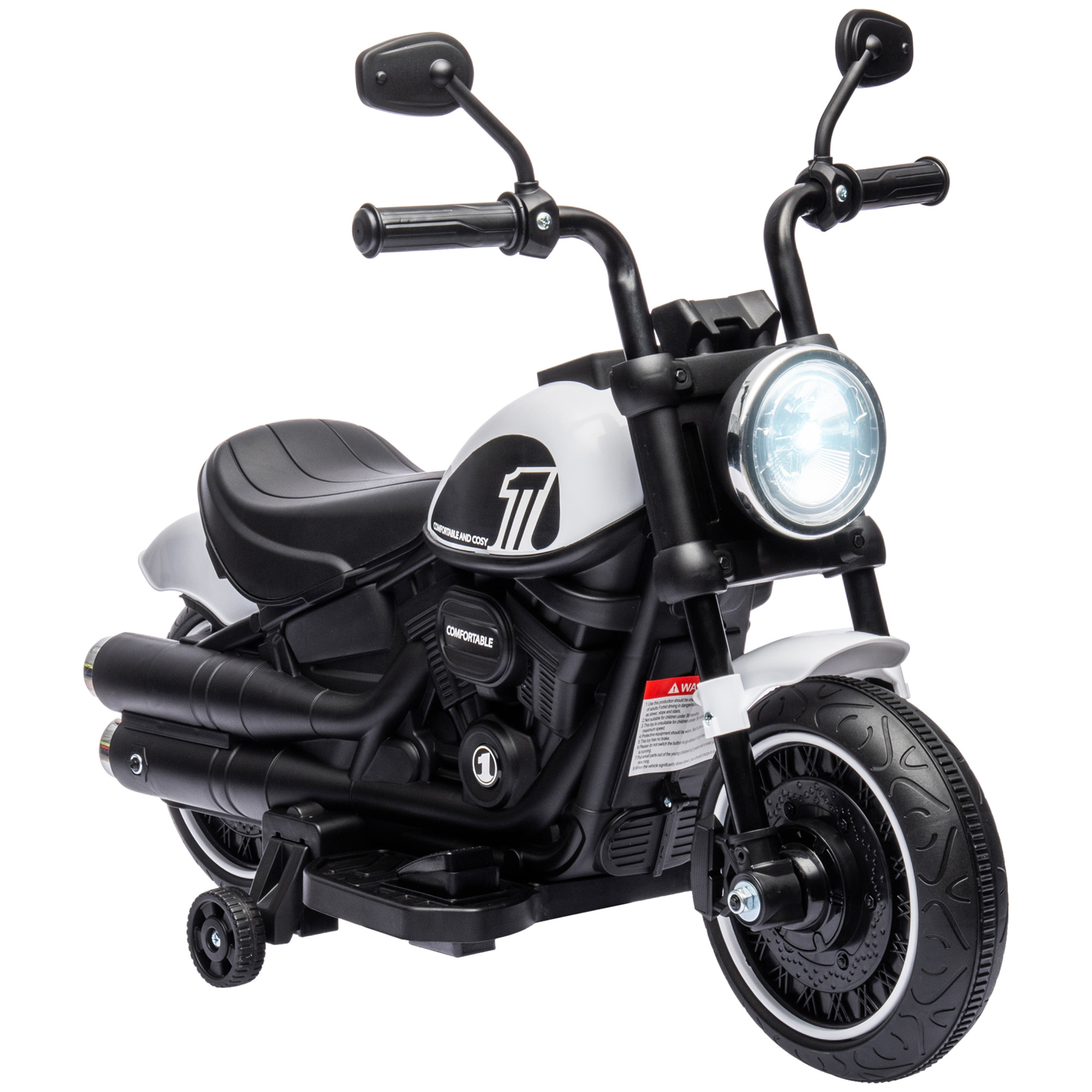HOMCOM Kindermotorrad Kinder Elektro-Motorrad Elektrofahrzeug Kinderfahrzeug mit 2 abnehmbaren Stützrädern, 3 km/h, für 1,5-3 Jahre Kinder Weiß 76 x 42 x 57 cm   Aosom