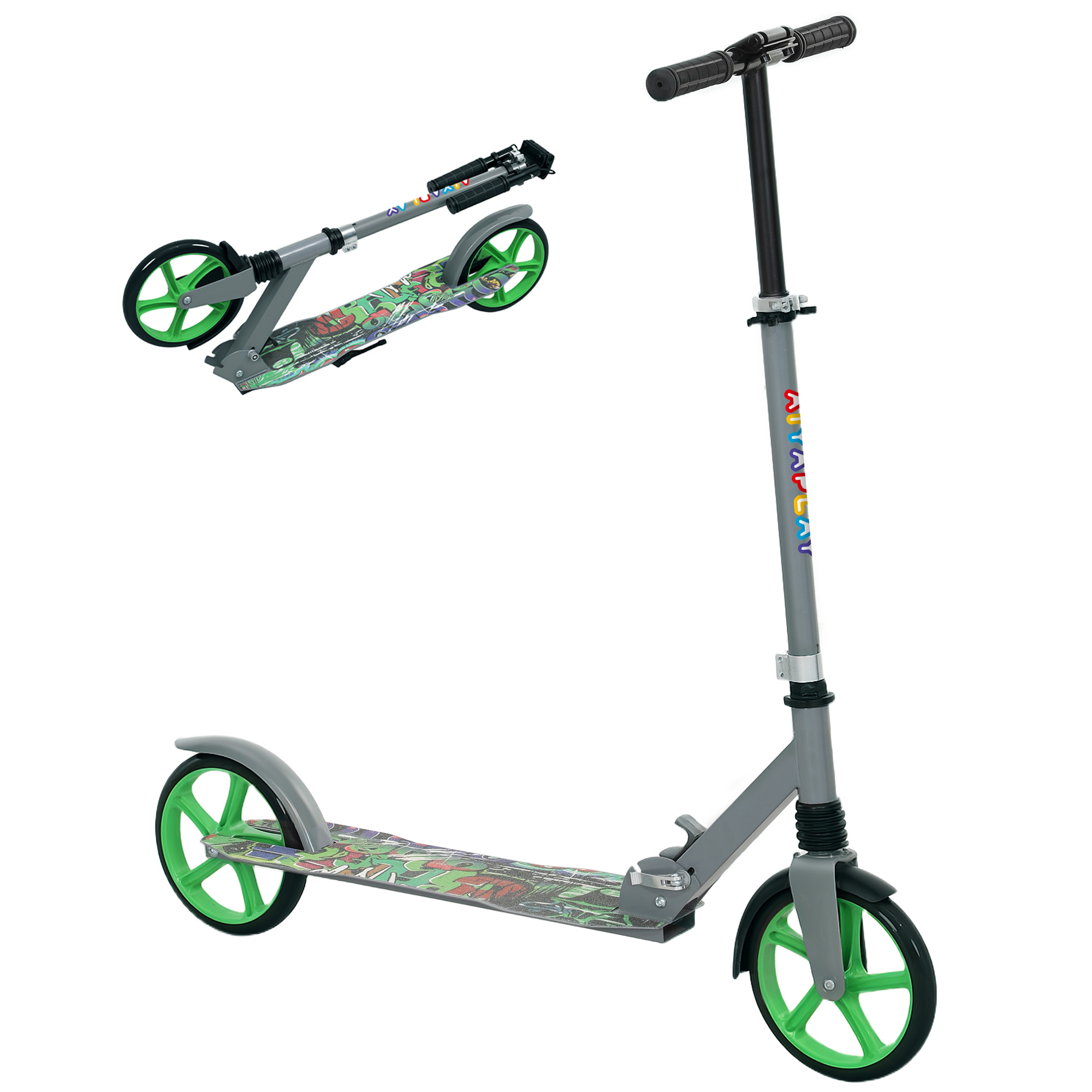 AIYAPLAY Roller Kinder Klappbar Kinderroller mit Verstellbare Lenkerhöhe, 2 Großen Rädern, Hinterer Schutzblechbremse, Tretroller Scooter für Kinder ab 6-12 Jahren Grün Aosom