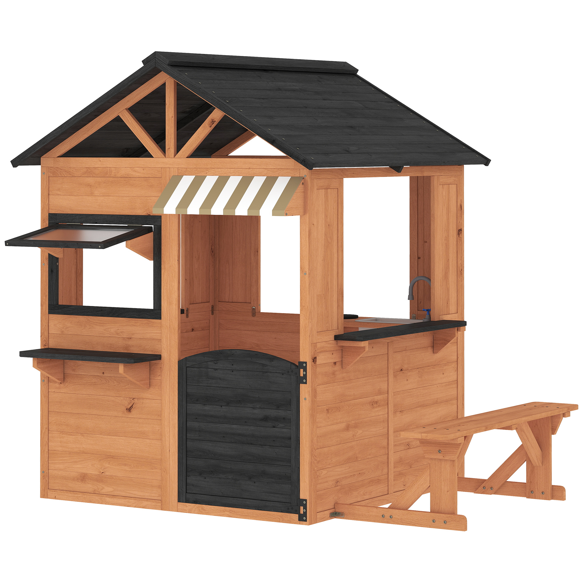 AIYAPLAY Kinderspielhaus aus Holz Spielhaus Outdoor mit Spielküche, Bank, Verkaufstheke, Fenster, Tür, Wasserhahn, Gartenhaus für Kinder von 3-8 Jahren 171,5 x 146 x 156 cm Braun Aosom