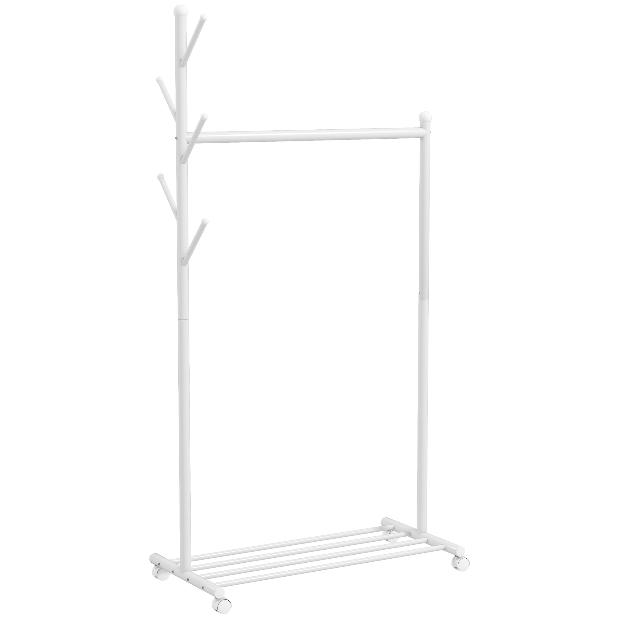 HOMCOM Kleiderständer Garderobenständer mit Kleiderstange, Schuhablage, 5 Haken, Garderobe aus Metall für Schlafzimmer, Ausstellungen, Waschküche, Weiß Aosom