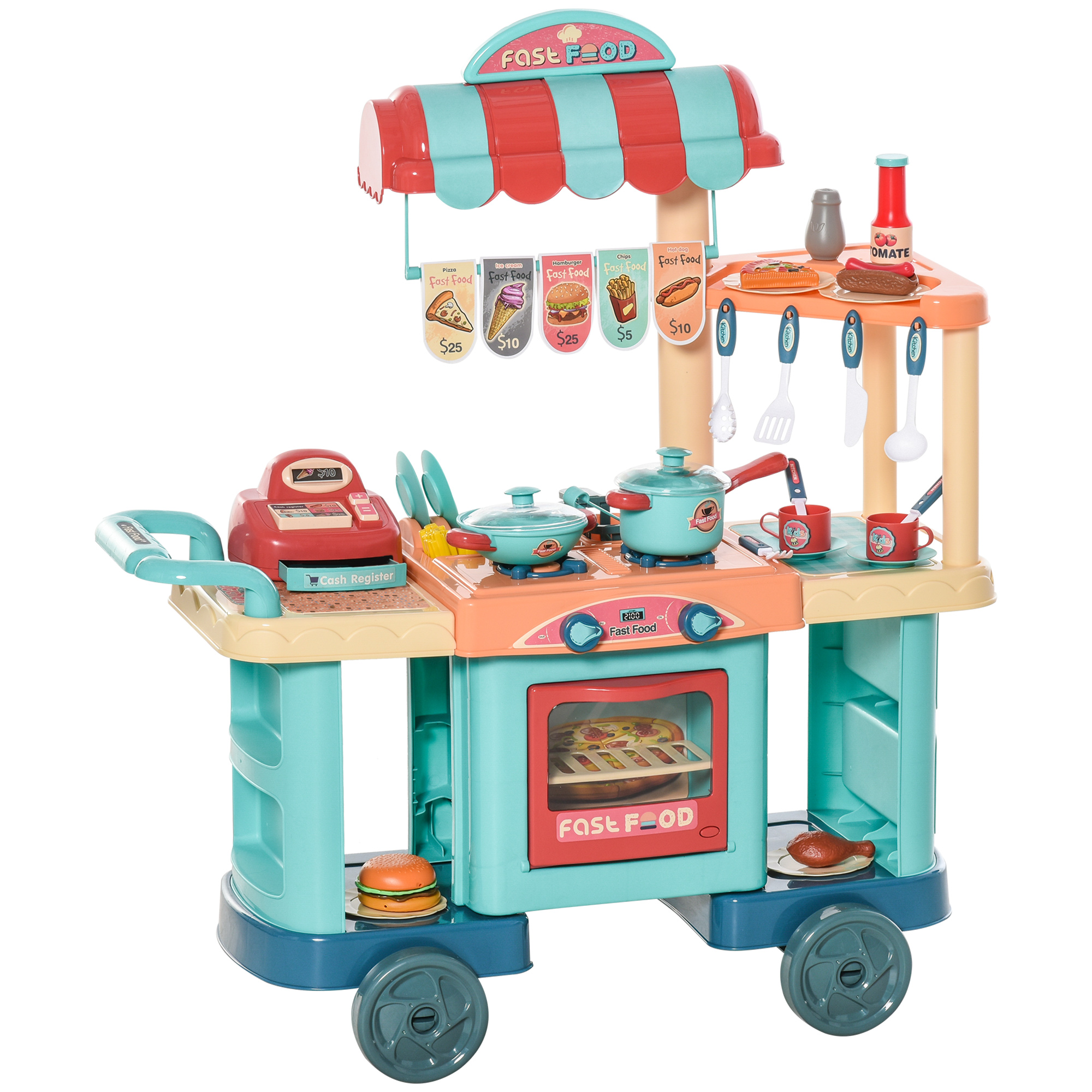 HOMCOM Kinderküche mit Zubehör 50-Teilige Spielküche Spielzeugküche Kunststoff Blau+Rot+Orange 79,5 x 33 x 90,5 cm Aosom