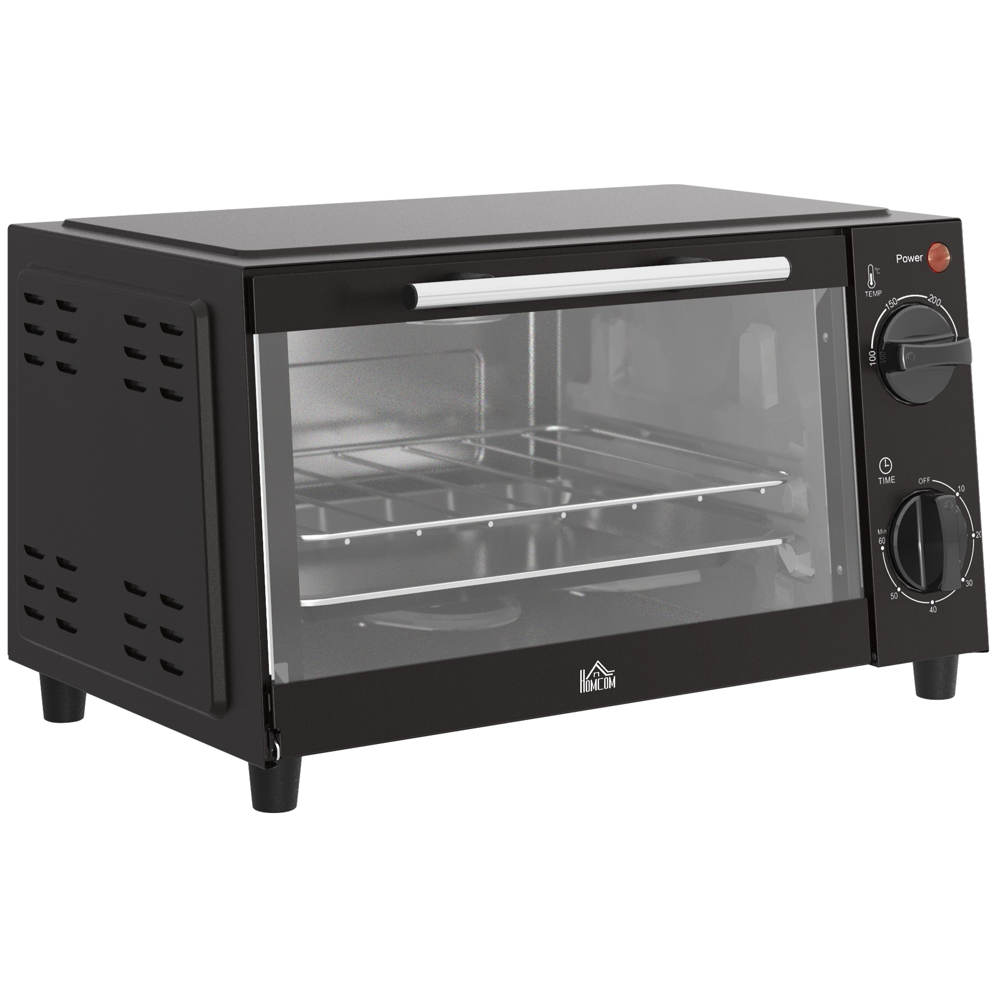 HOMCOM Minibackofen 9L Mini Ofen mit Backblech, Grillrost, 100 °C-230 °C, mit einstellbar Temperatur und Garzeit, 60 Min. Timer, 750W, Edelstahl, Schwarz Aosom