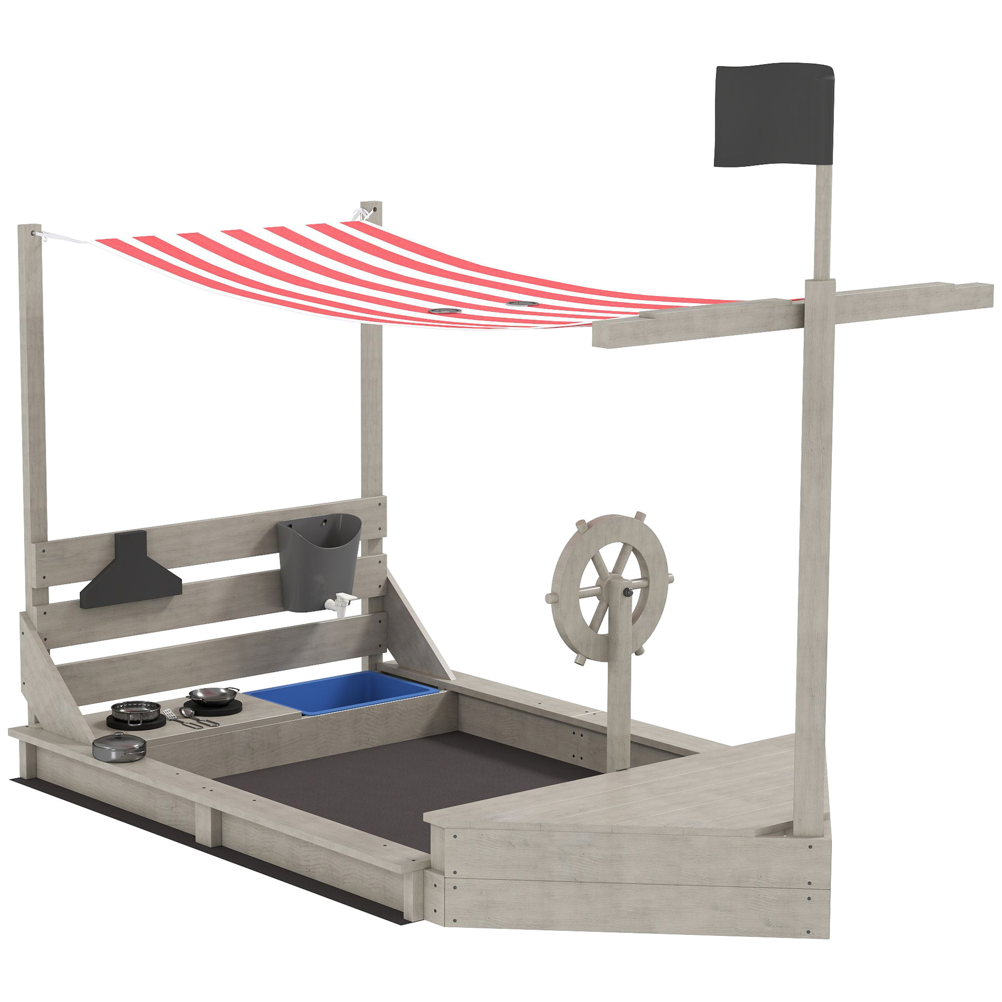 Outsunny Sandkasten Sandkiste groß mit Abdeckung im Schiff Design Matschekiste aus Holz Segelschiff Spielhaus mit Küchenspielset Aufbewahrung für Kinder 3-7 Jahre Grau 180 x 103 x 144,5 cm Aosom